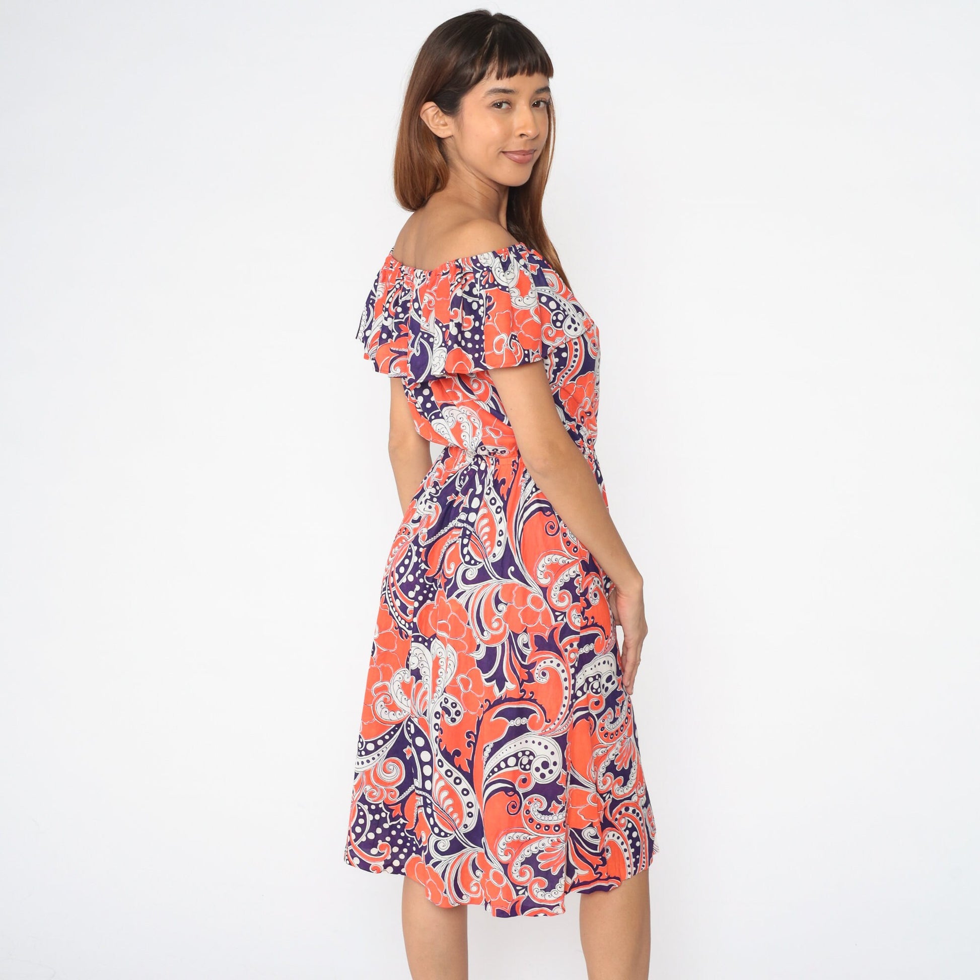 70s Psychedelic Paisley Midi Dress Off-Shoulder High Waist Purple Orange Small