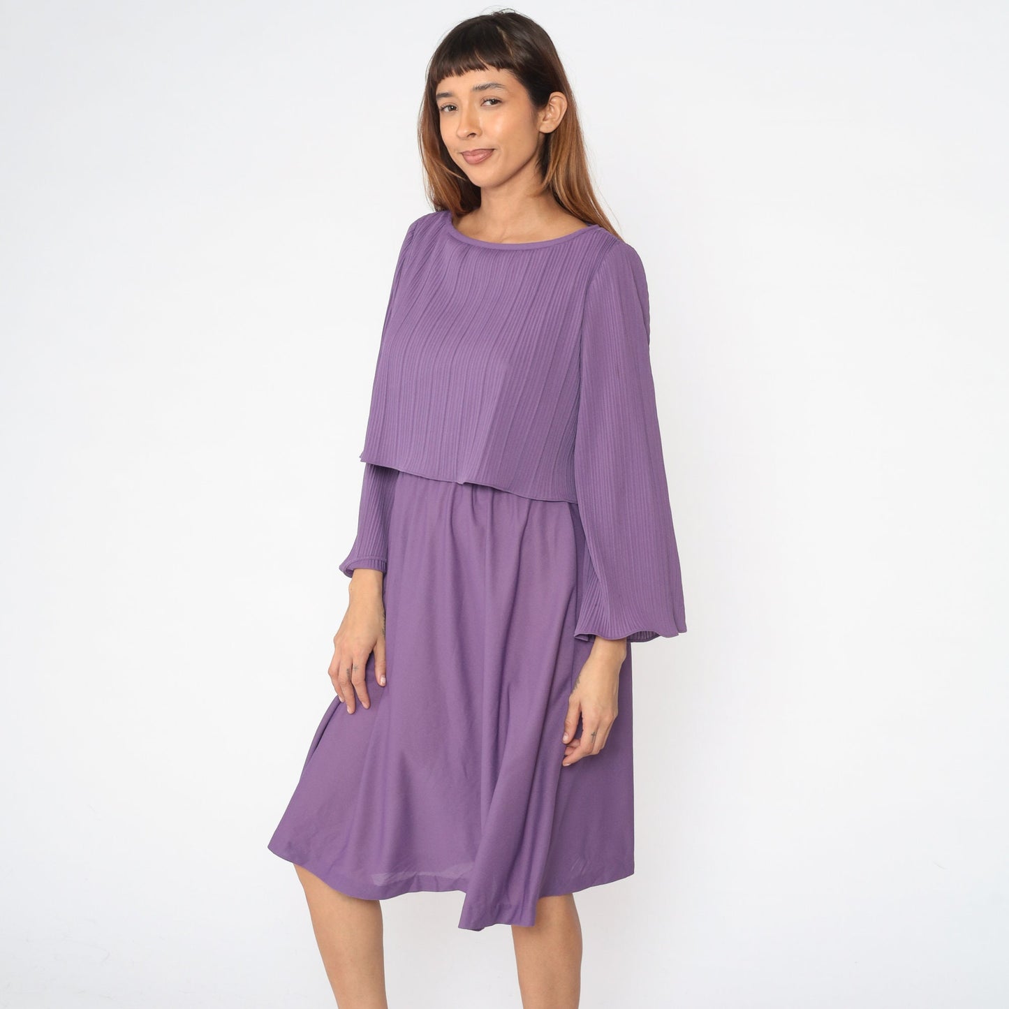 70s Purple Midi Dress Knife Pleated High Waist Bell Sleeve Small Medium