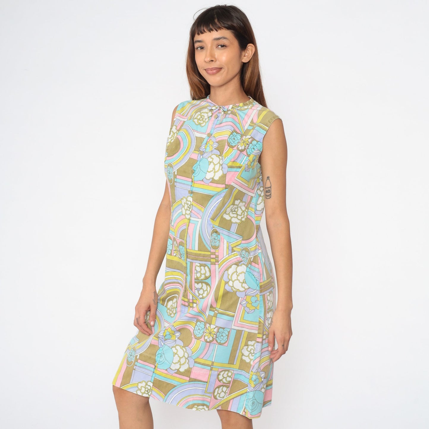 60s Psychedelic Floral Midi Dress Sleeveless Shift Cotton Medium