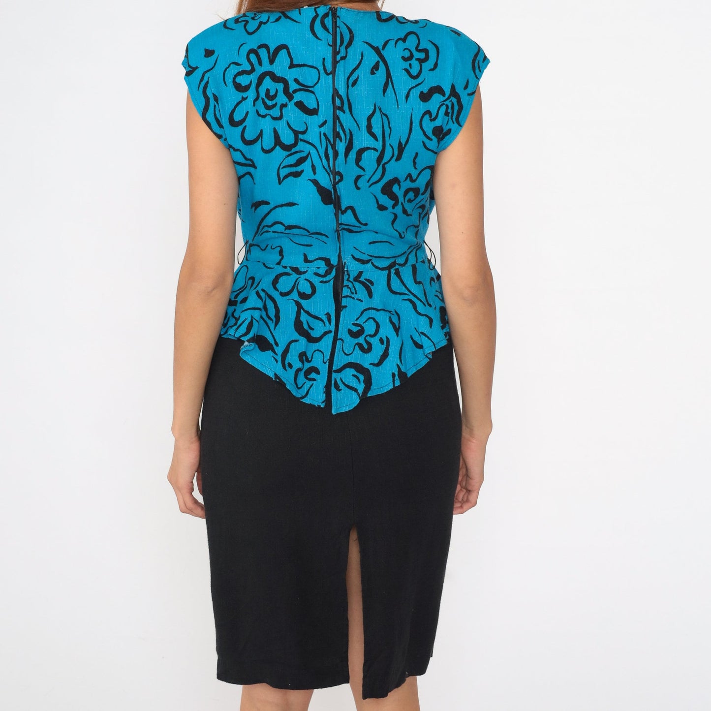 80s Floral Peplum Dress Blue Abstract Print Black Pencil Midi Small