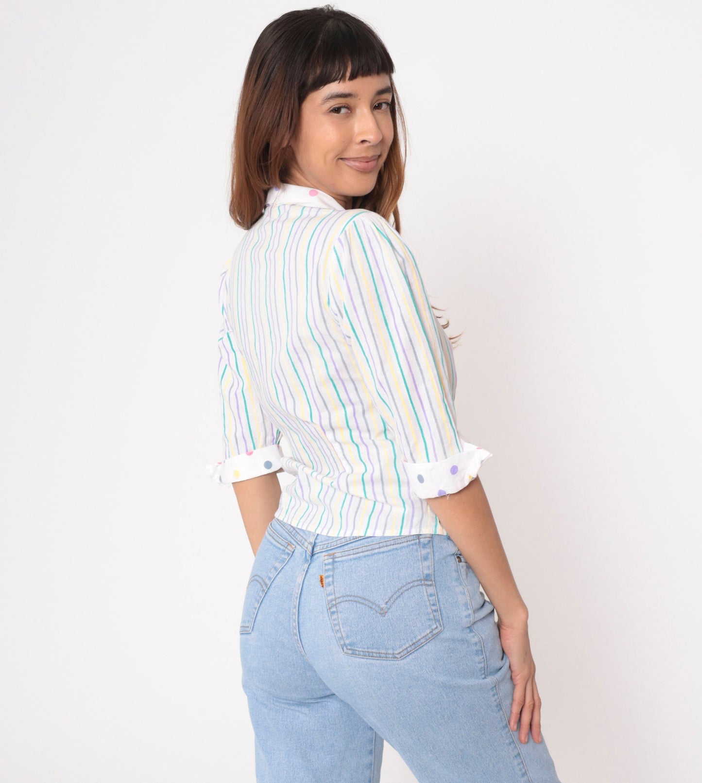 80s Striped Puff Sleeve Blouse White Polka Dot Trim Button Up Collared Top Extra Small