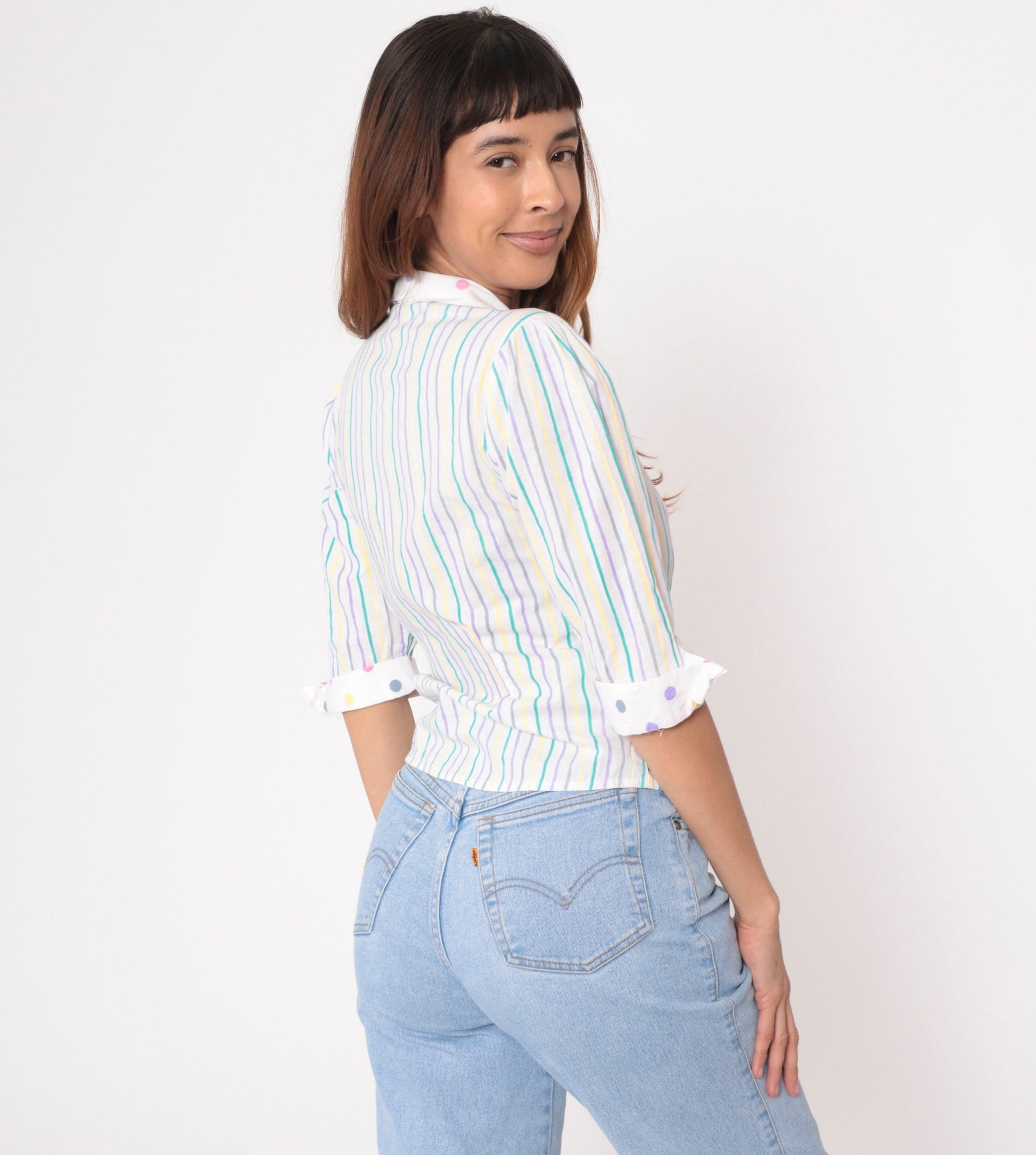 80s Striped Puff Sleeve Blouse White Polka Dot Trim Button Up Collared Top Extra Small