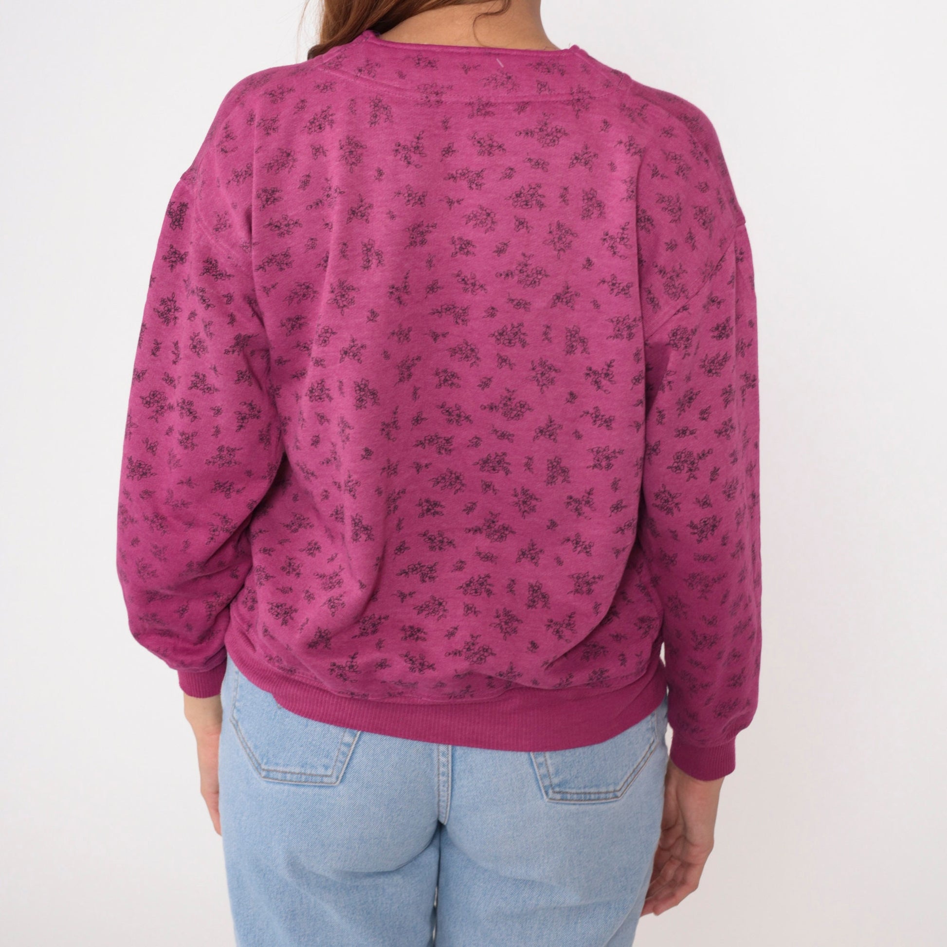 90s Magenta Floral Henley Sweatshirt Button-Up V-Neck Small S
