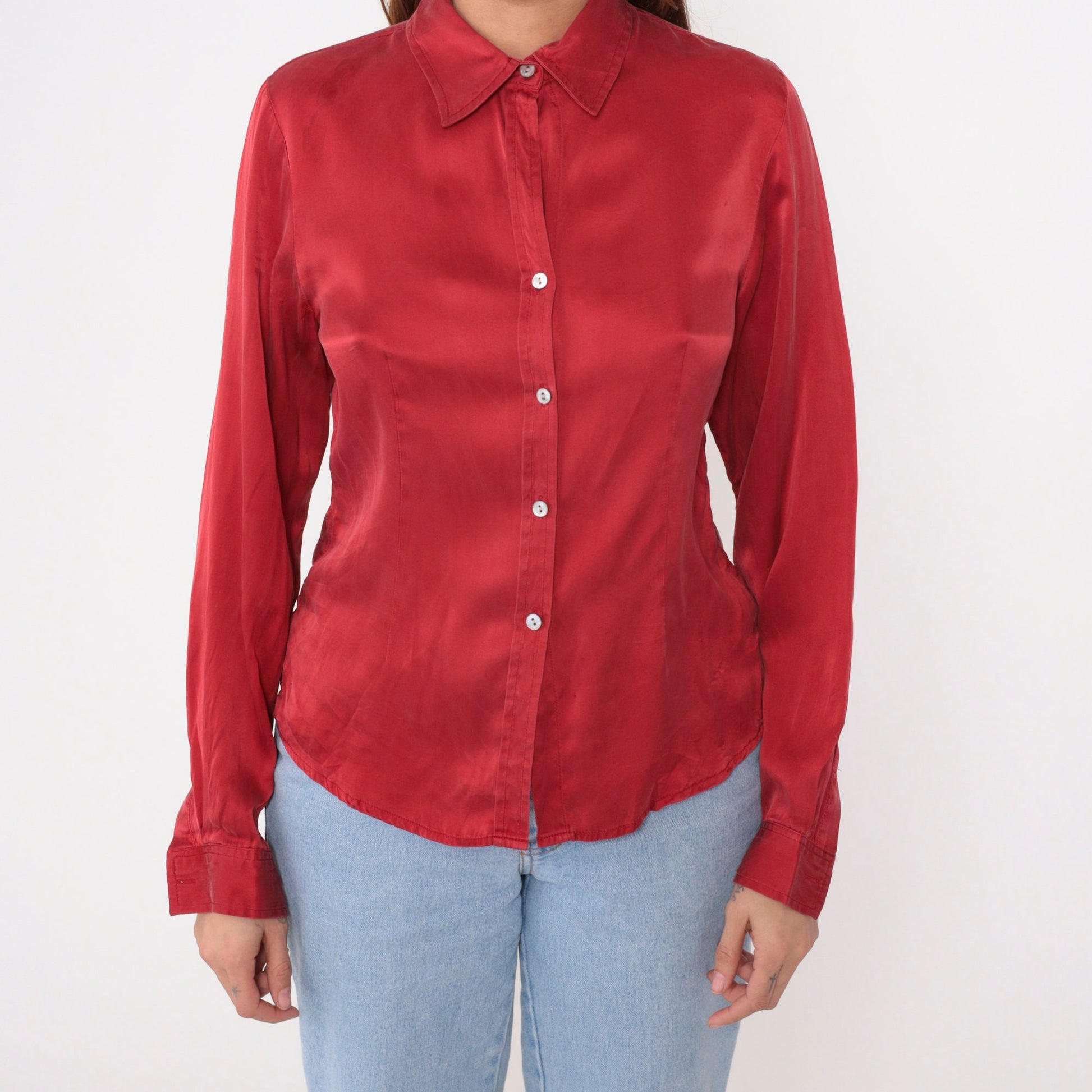 90s Red Silk Button-Up Blouse Long Sleeve Vintage Shirt Small 6