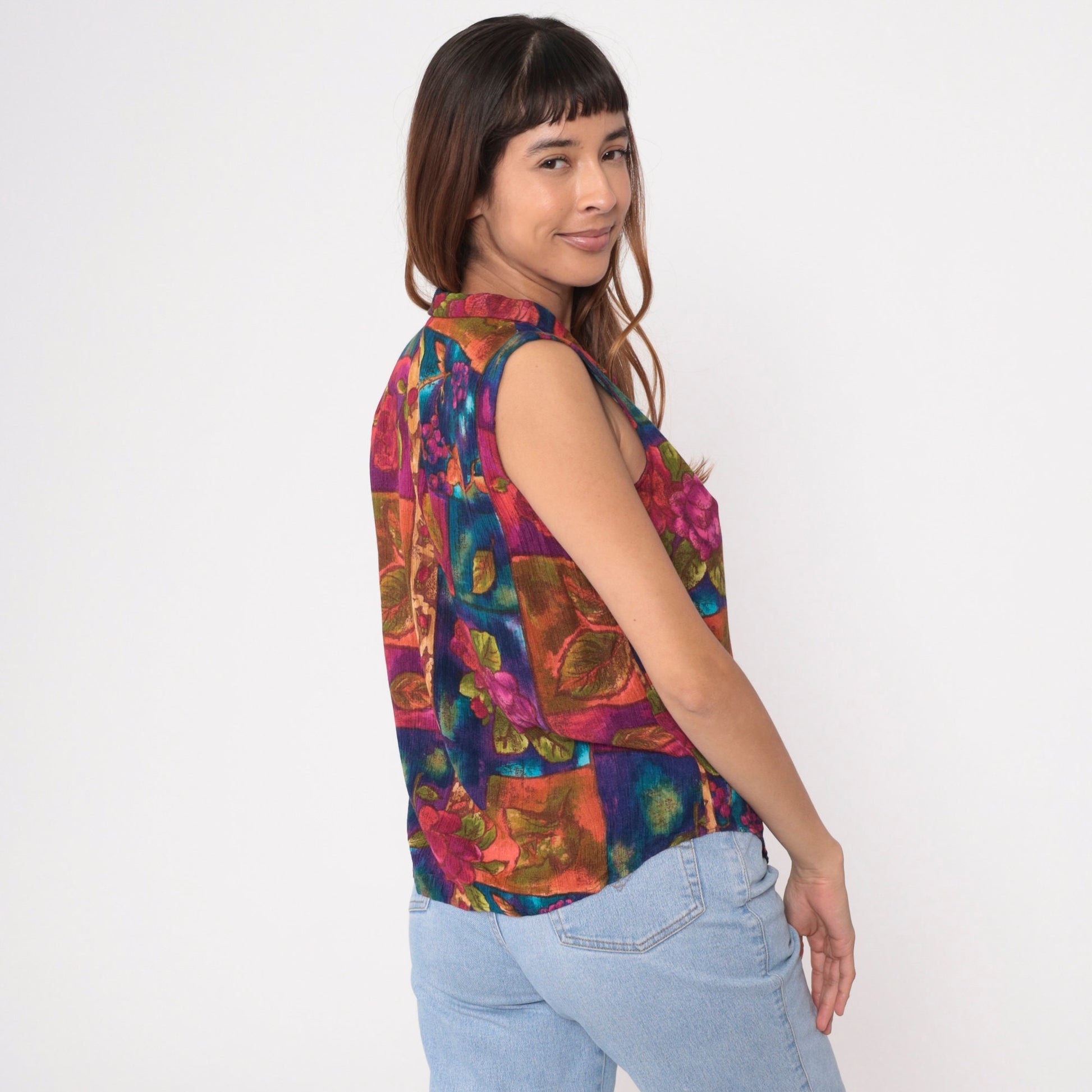 90s Floral Patchwork Button-Up Tank Top Rayon Sleeveless Blouse Medium