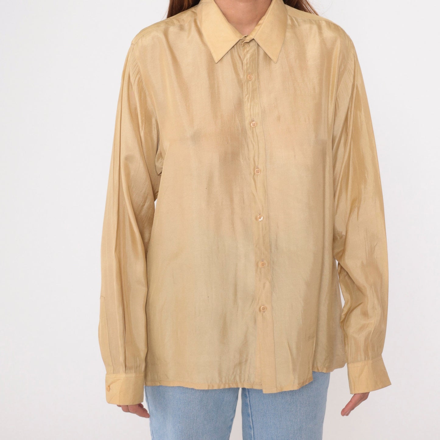 90s Giorgio Armani Silk Button-Up Shirt Muted Yellow Long Sleeve Men's Large