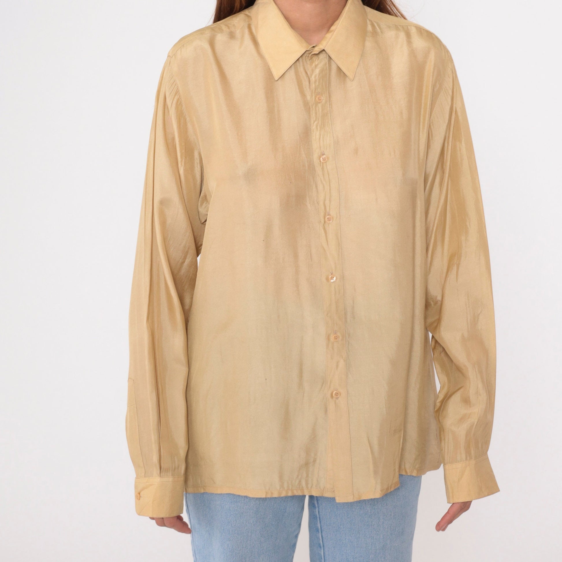 90s Giorgio Armani Silk Button-Up Shirt Muted Yellow Long Sleeve Men's Large