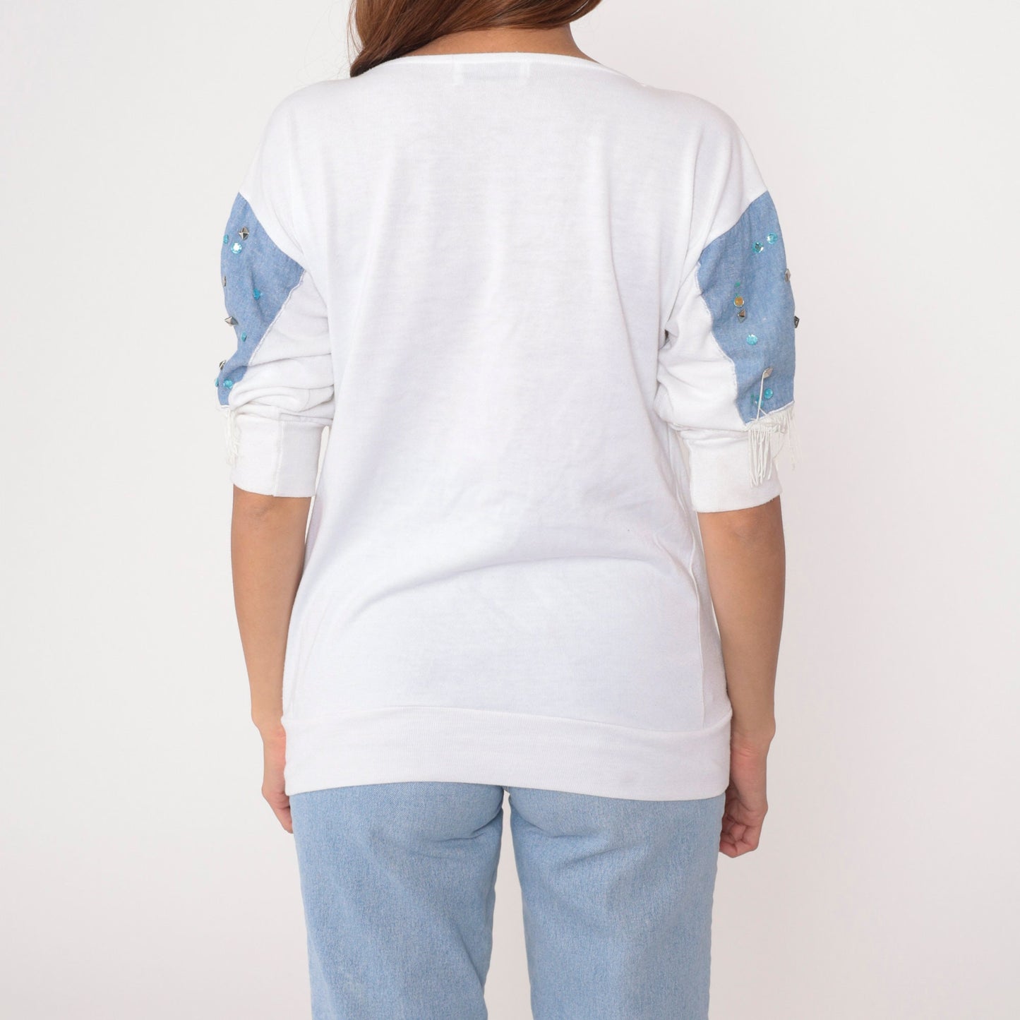 90s Southwestern Studded Beaded White T-Shirt Vinyl Snakeskin 3/4 Sleeve Medium