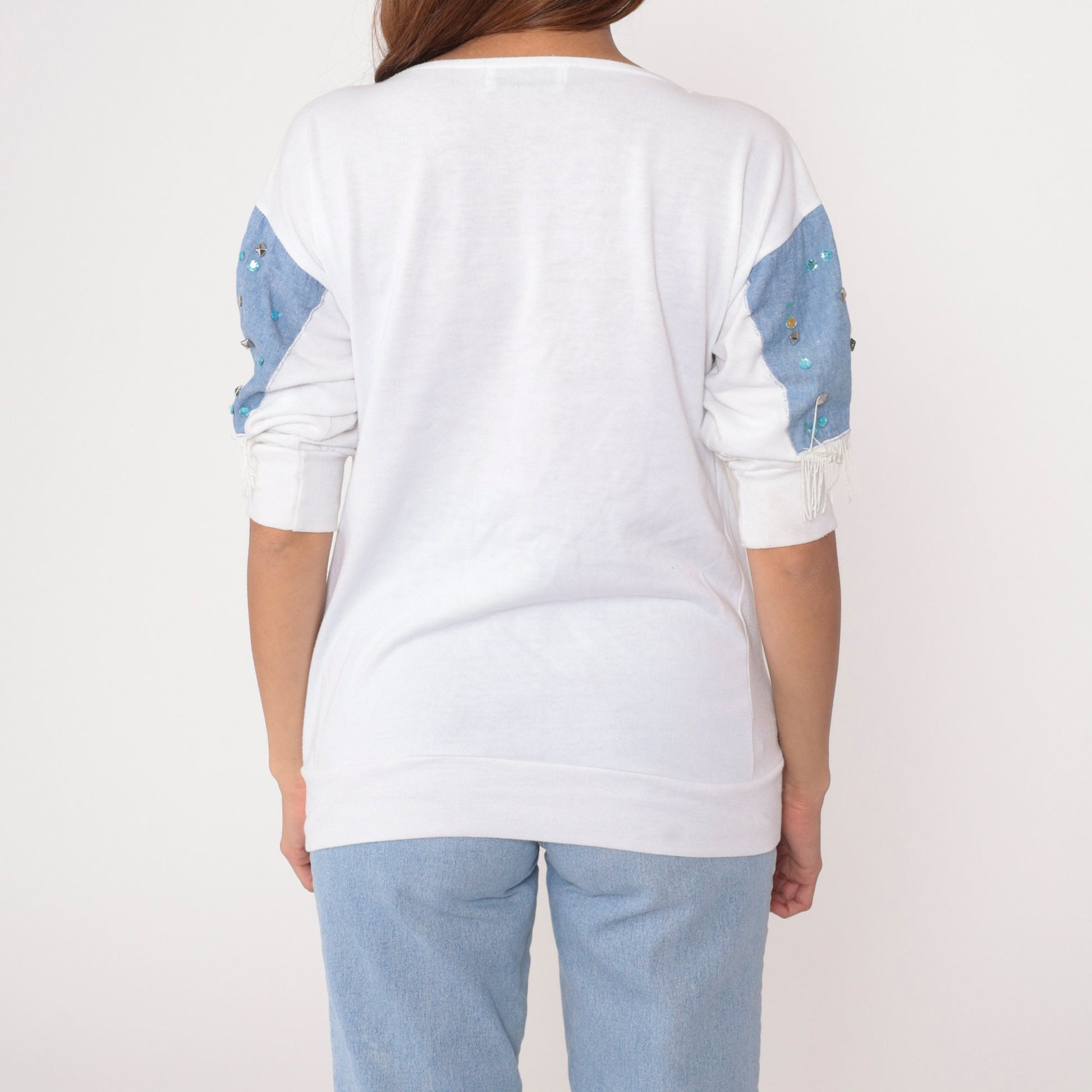 90s Southwestern Studded Beaded White T-Shirt Vinyl Snakeskin 3/4 Sleeve Medium