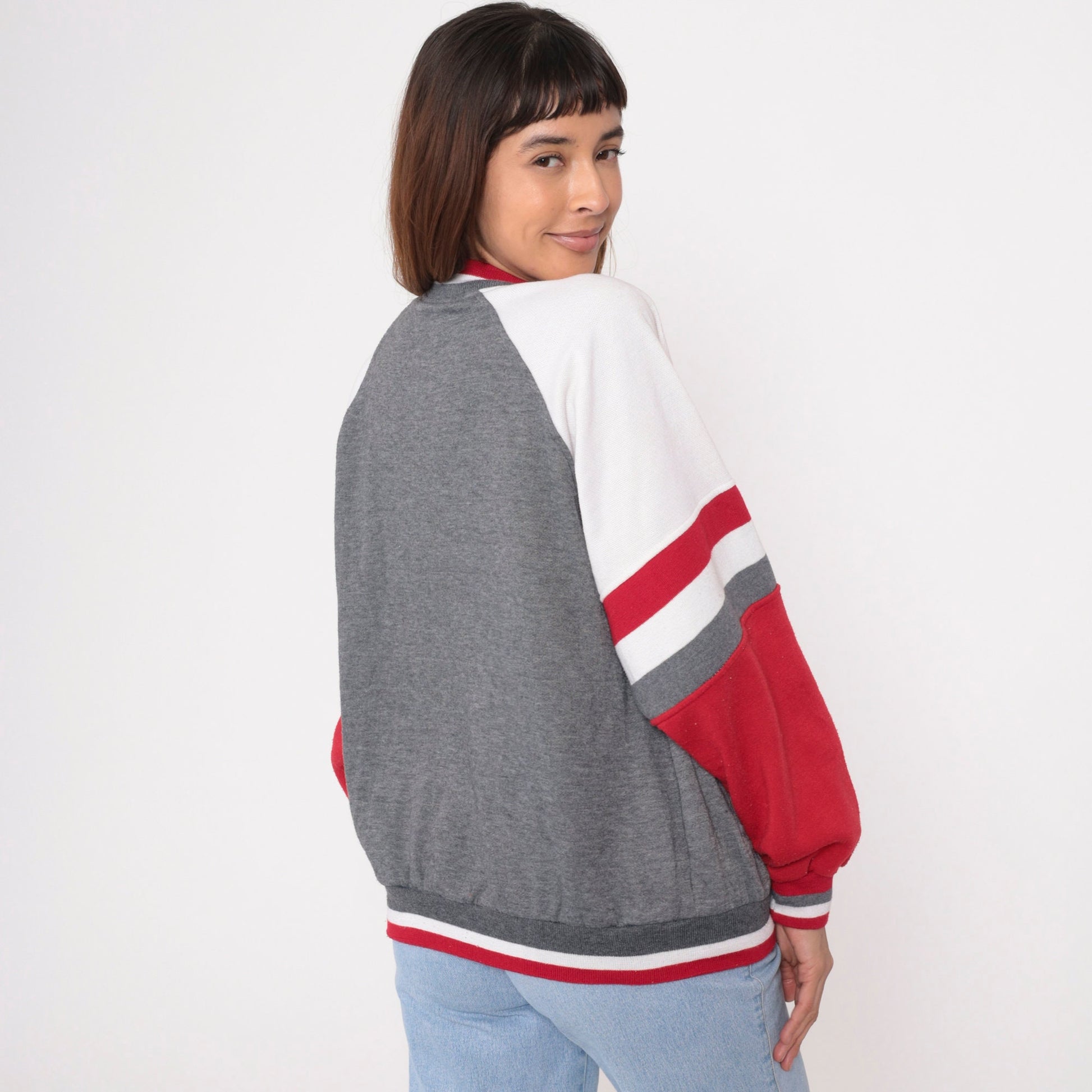 90s Pierre Cardin Zip-Up Sweatshirt Heather Grey Red White Stripe Large L