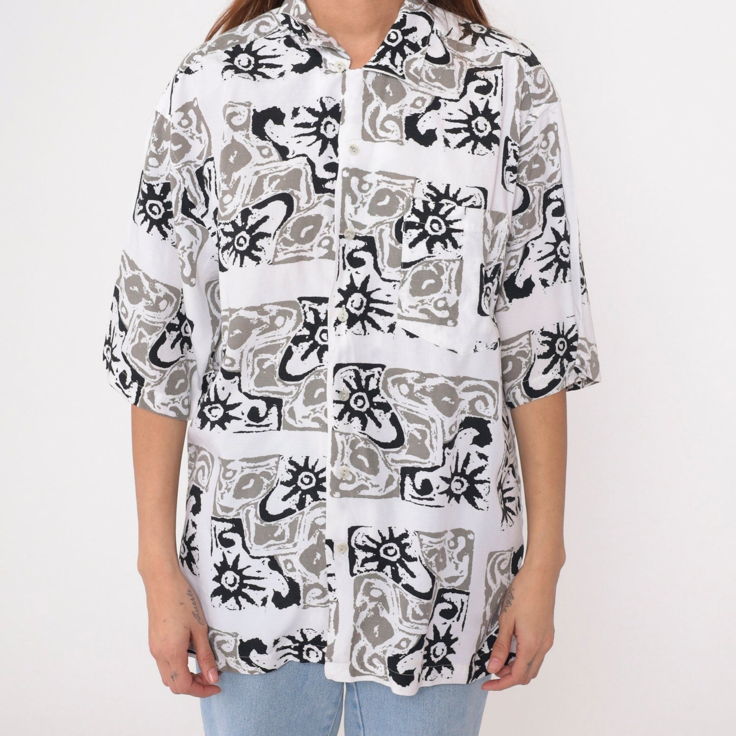 90s Celestial Sun Print Button Up Shirt Black White Geometric Medium