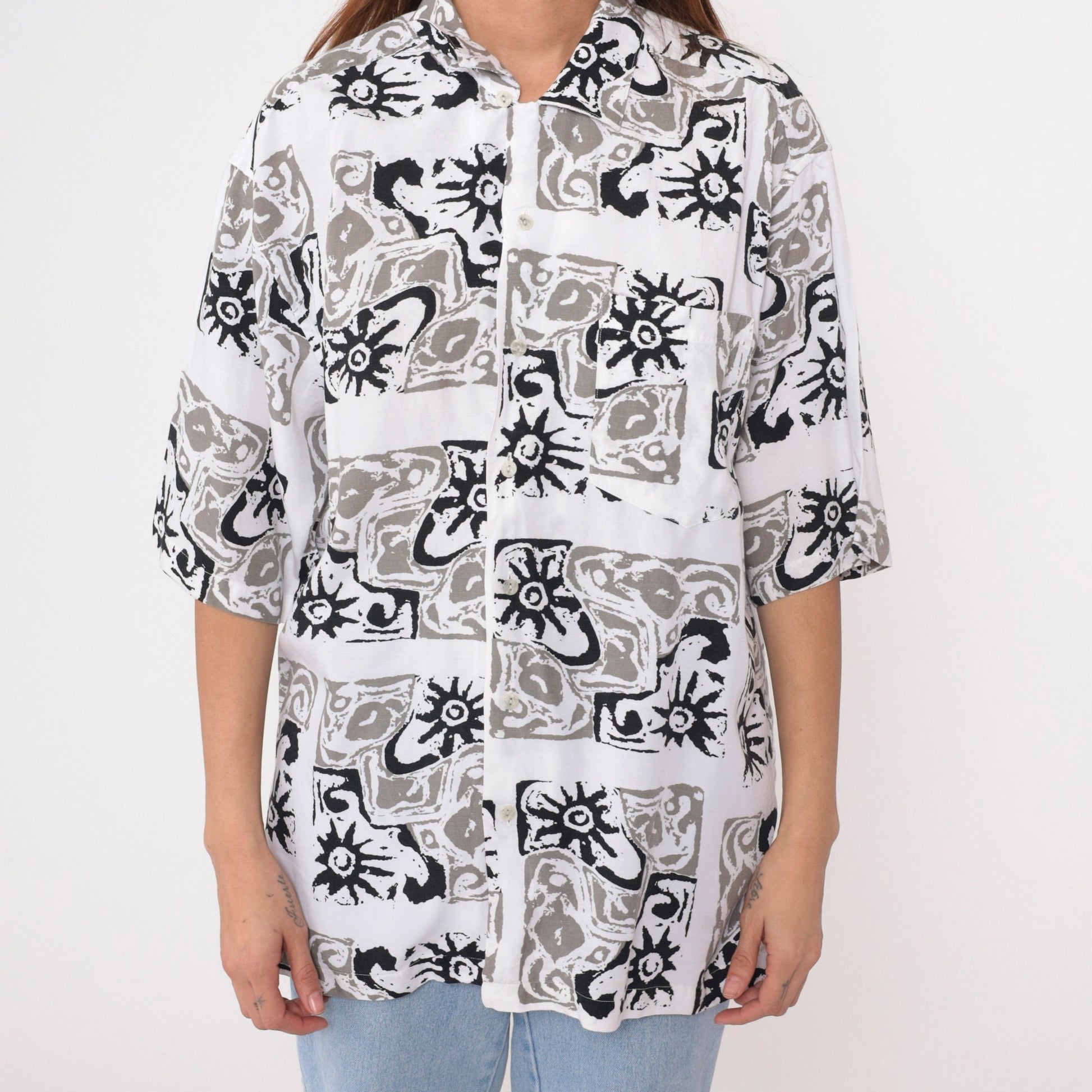 90s Celestial Sun Print Button Up Shirt Black White Geometric Medium