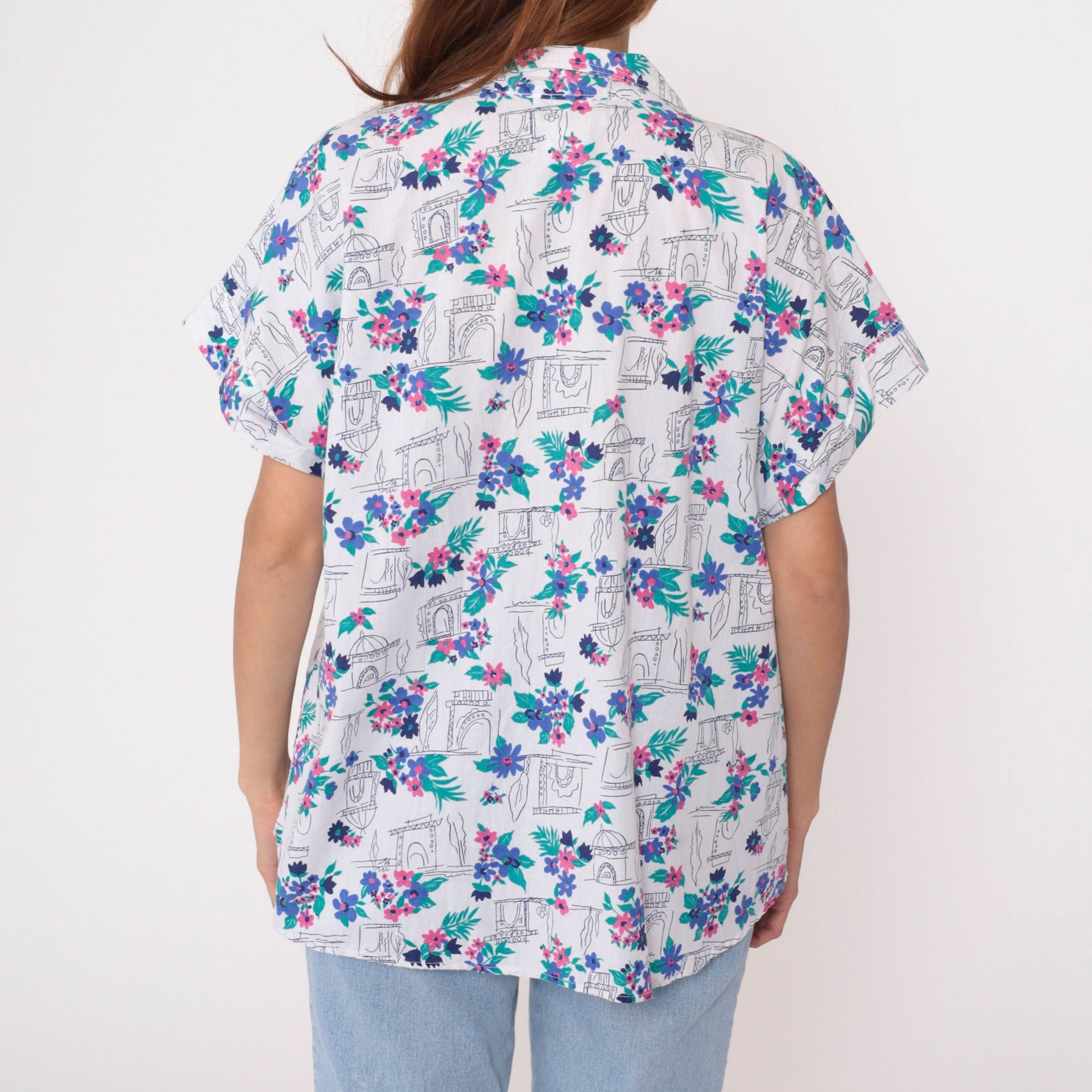 90s White Floral Arch Print Button-Up Blouse Plus Size 18W Short Sleeve