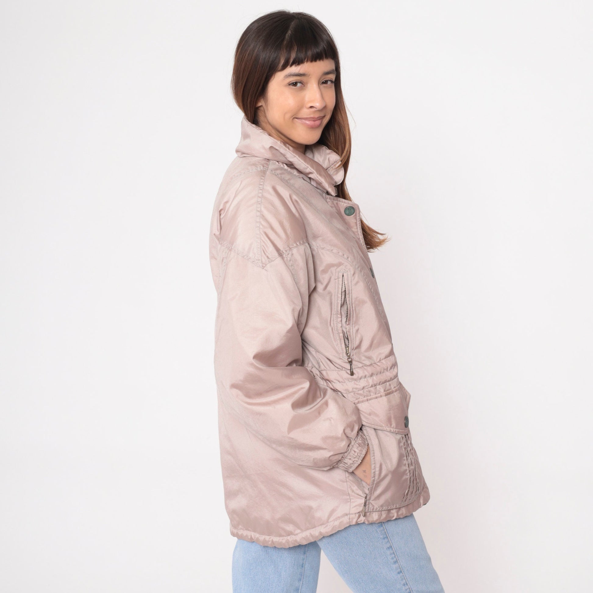 90s Mauve Puffer Ski Jacket Nylon Embroidered Drawstring Waist Large L