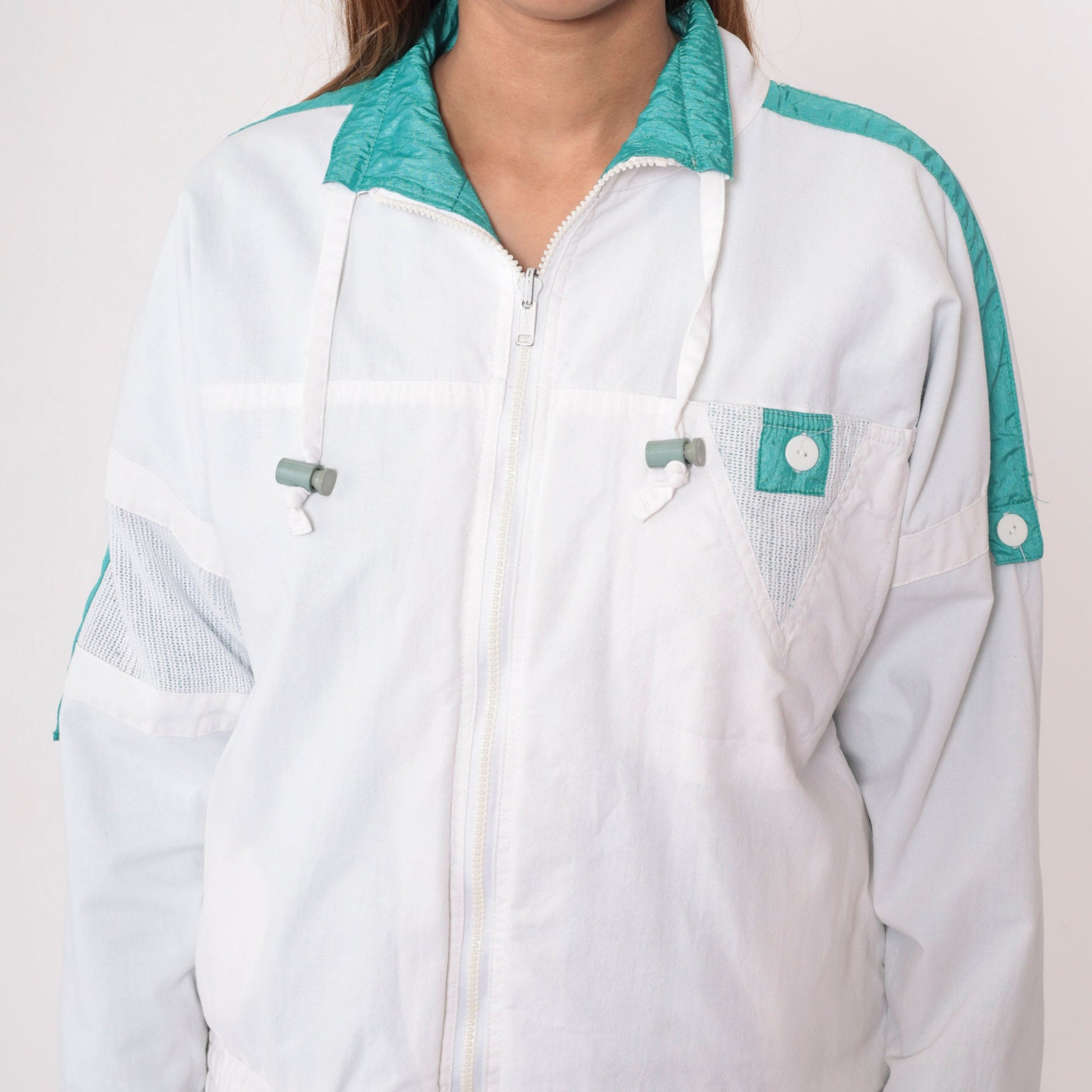 90s Reversible Windbreaker White Turquoise Mesh Trim Jacket Medium