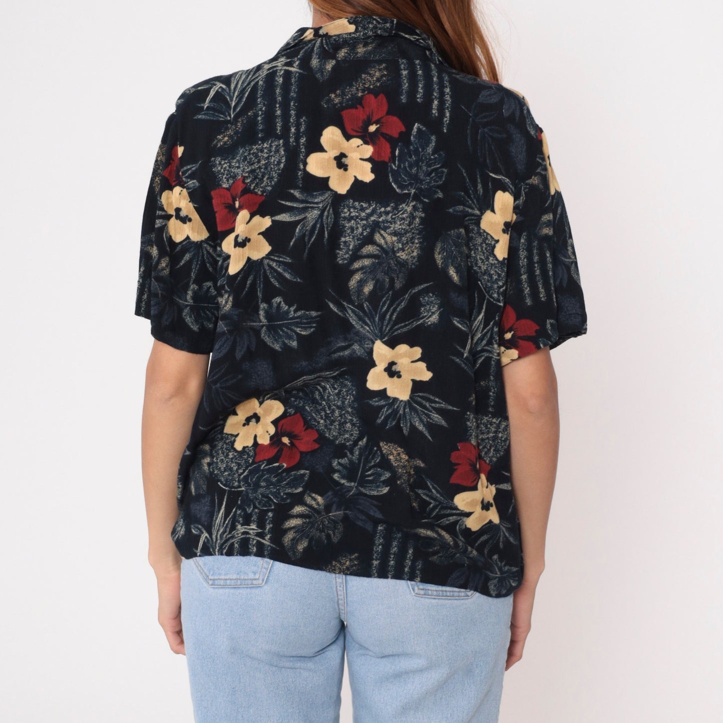 90s Sag Harbor Floral Blouse Black Rayon Button Up Short Sleeve Medium