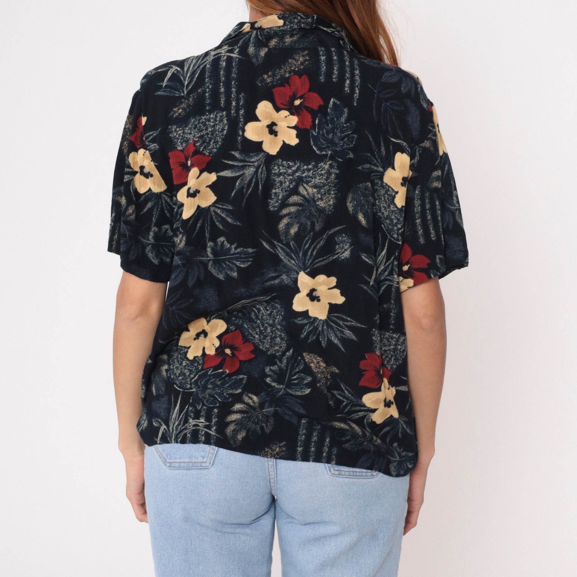 90s Sag Harbor Floral Blouse Black Rayon Button Up Short Sleeve Medium
