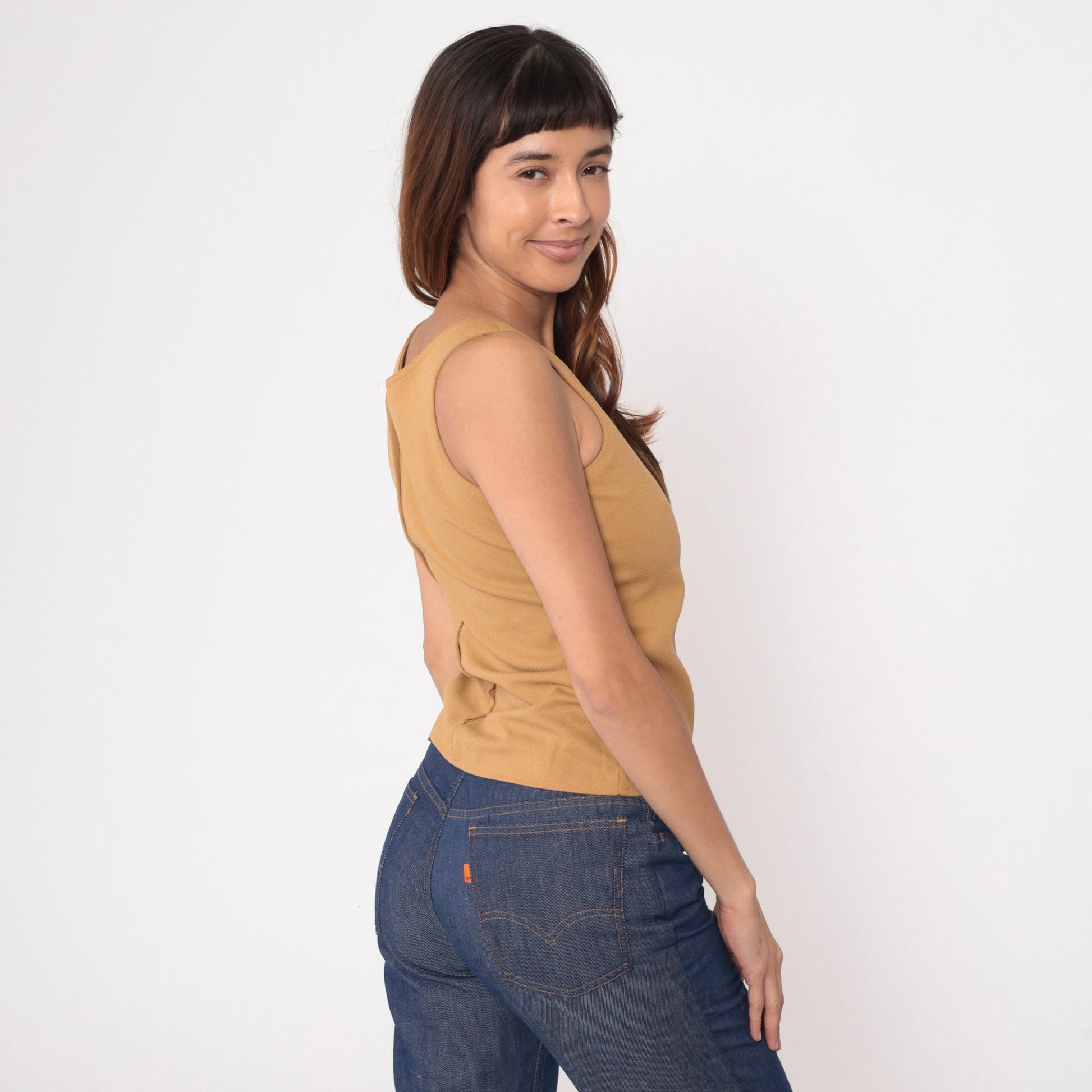 70s Tan Sleeveless Tank Top Round Neckline Rear Zipper Extra Small