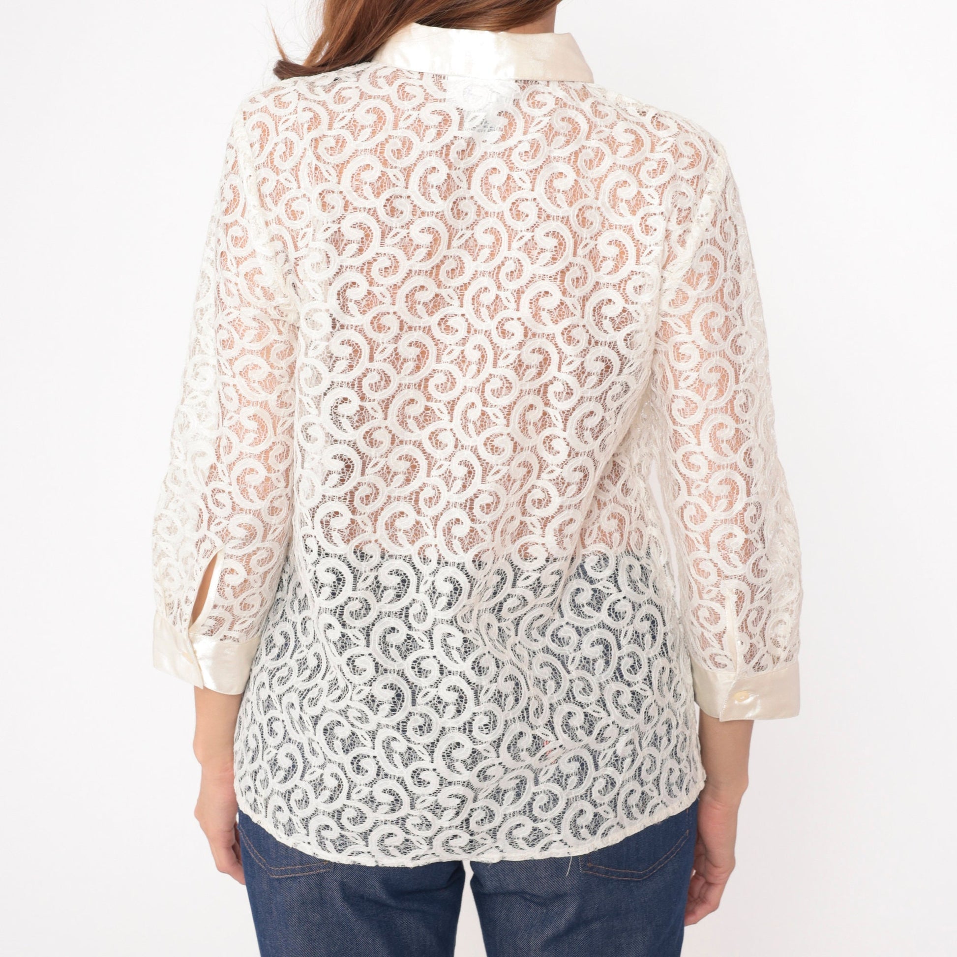 90s Alfred Dunner White Lace Blouse 3/4 Sleeve Button Up Medium Petite