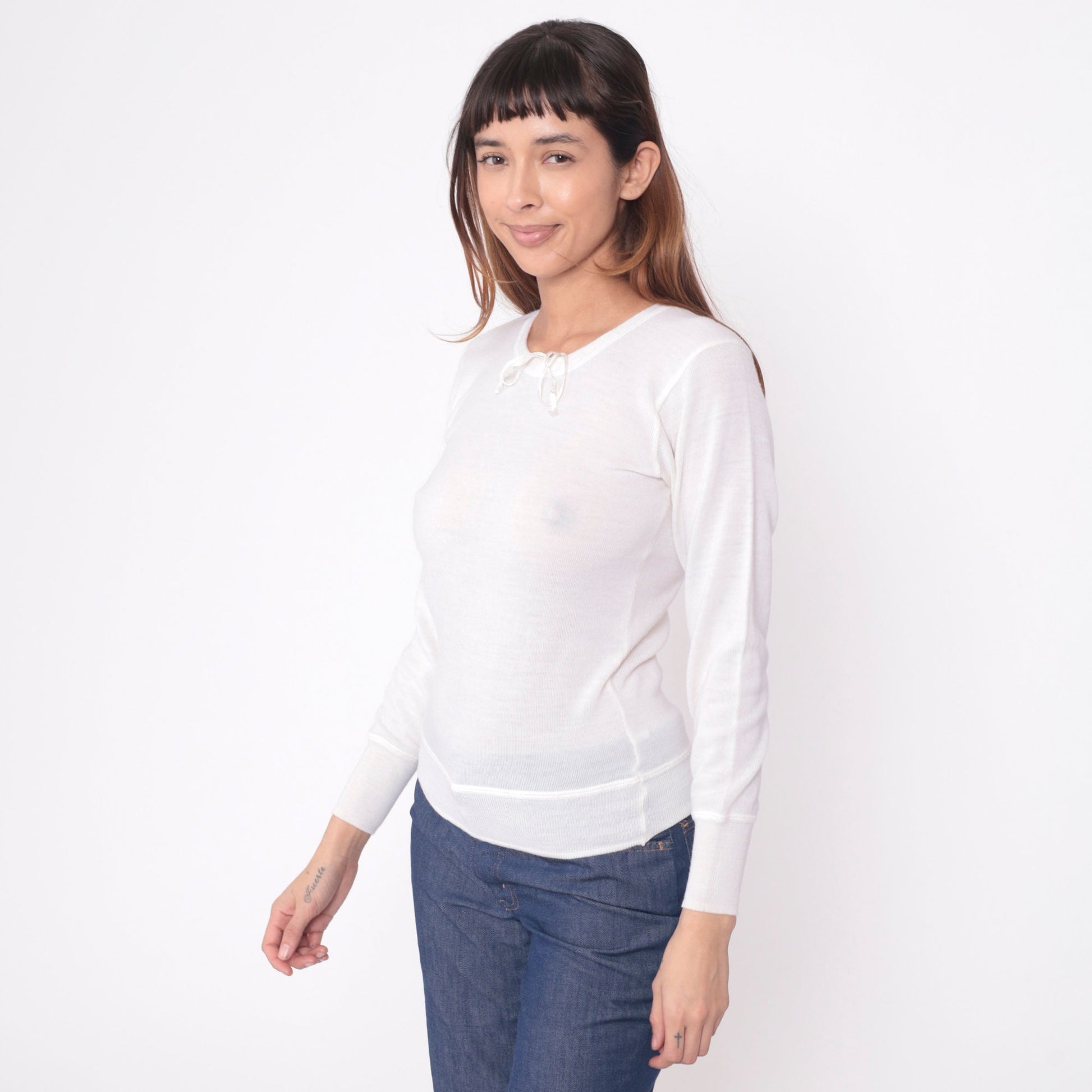 80s White Wool Thermal Long Sleeve Pullover Shirt Snowflake Small