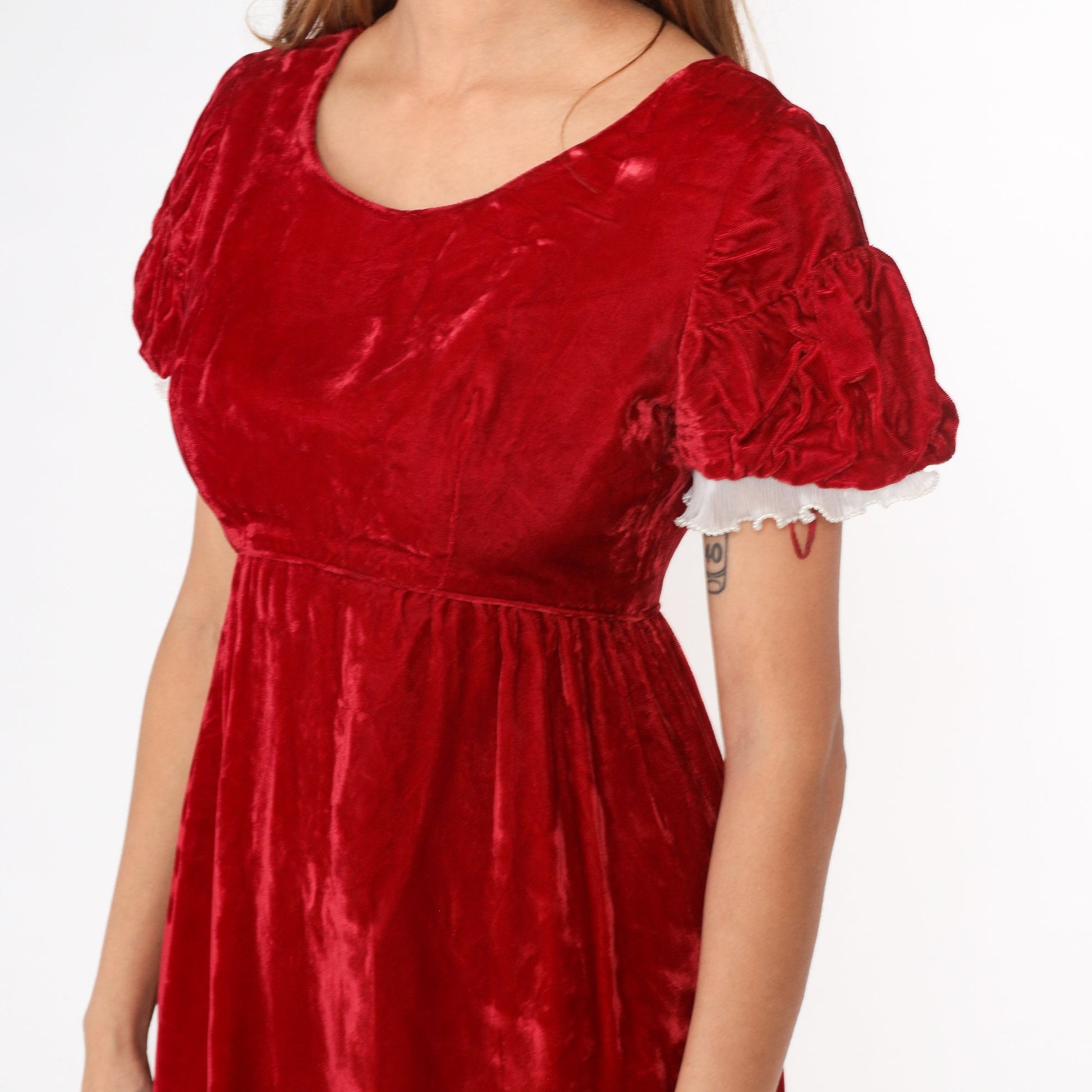 70s Emma Domb Red Velvet Maxi Dress Puff Sleeve Empire Waist Small S