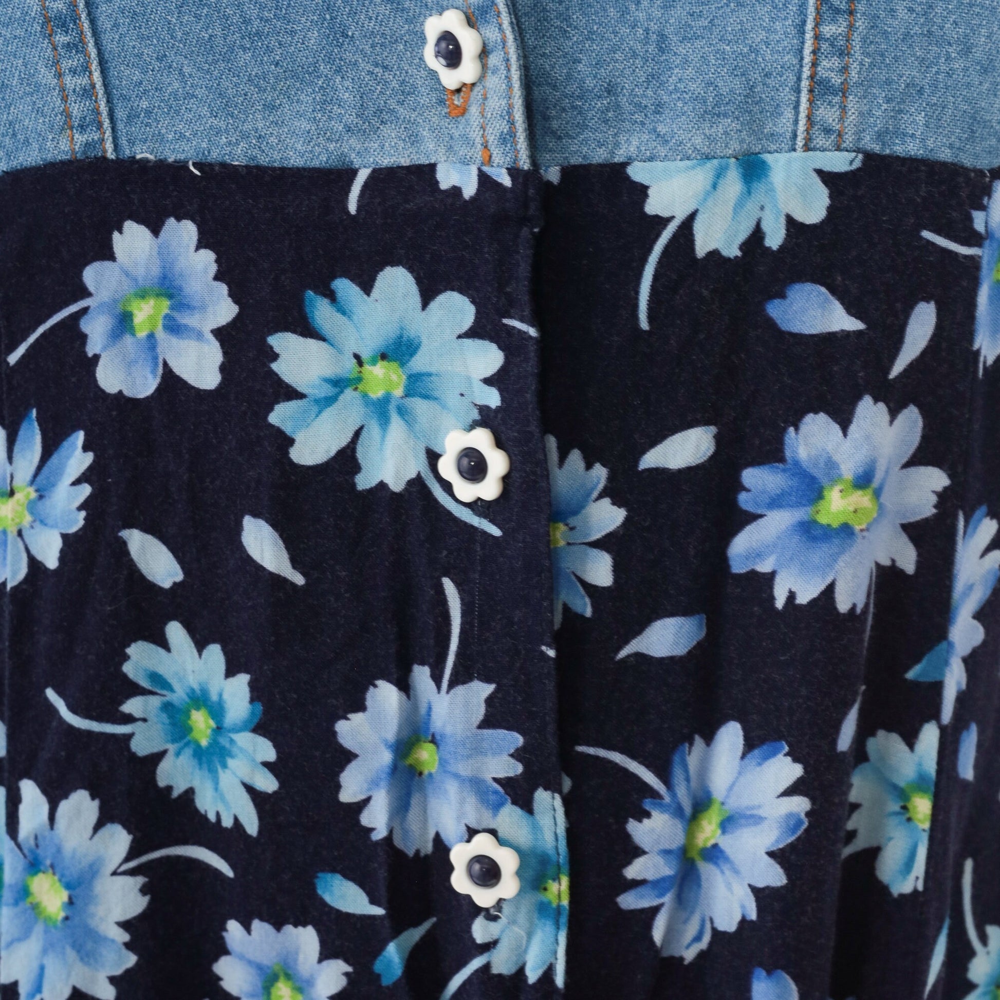 90s Floral Denim Midi Dress Button Up Empire Waist Blue Rayon Extra Small