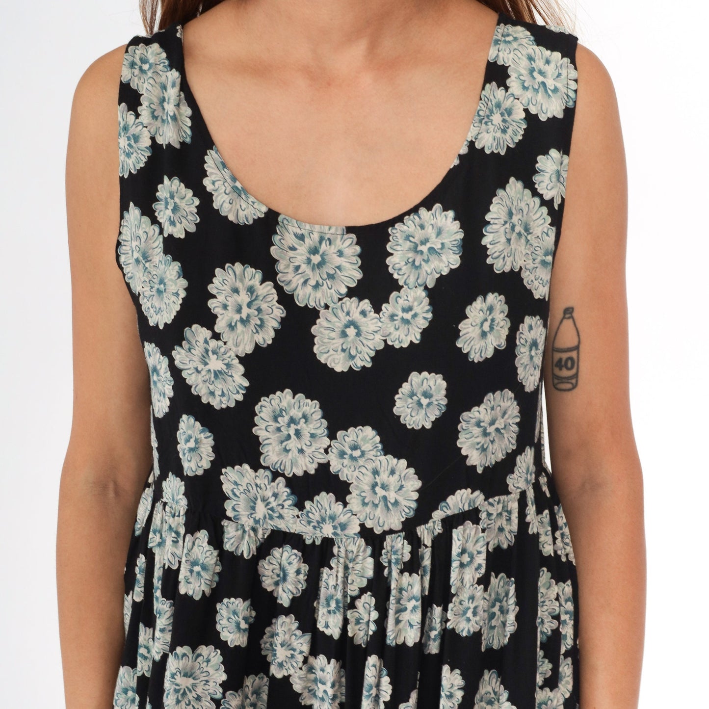 90s Floral Midi Dress Black Rayon High Waist Sleeveless Large L