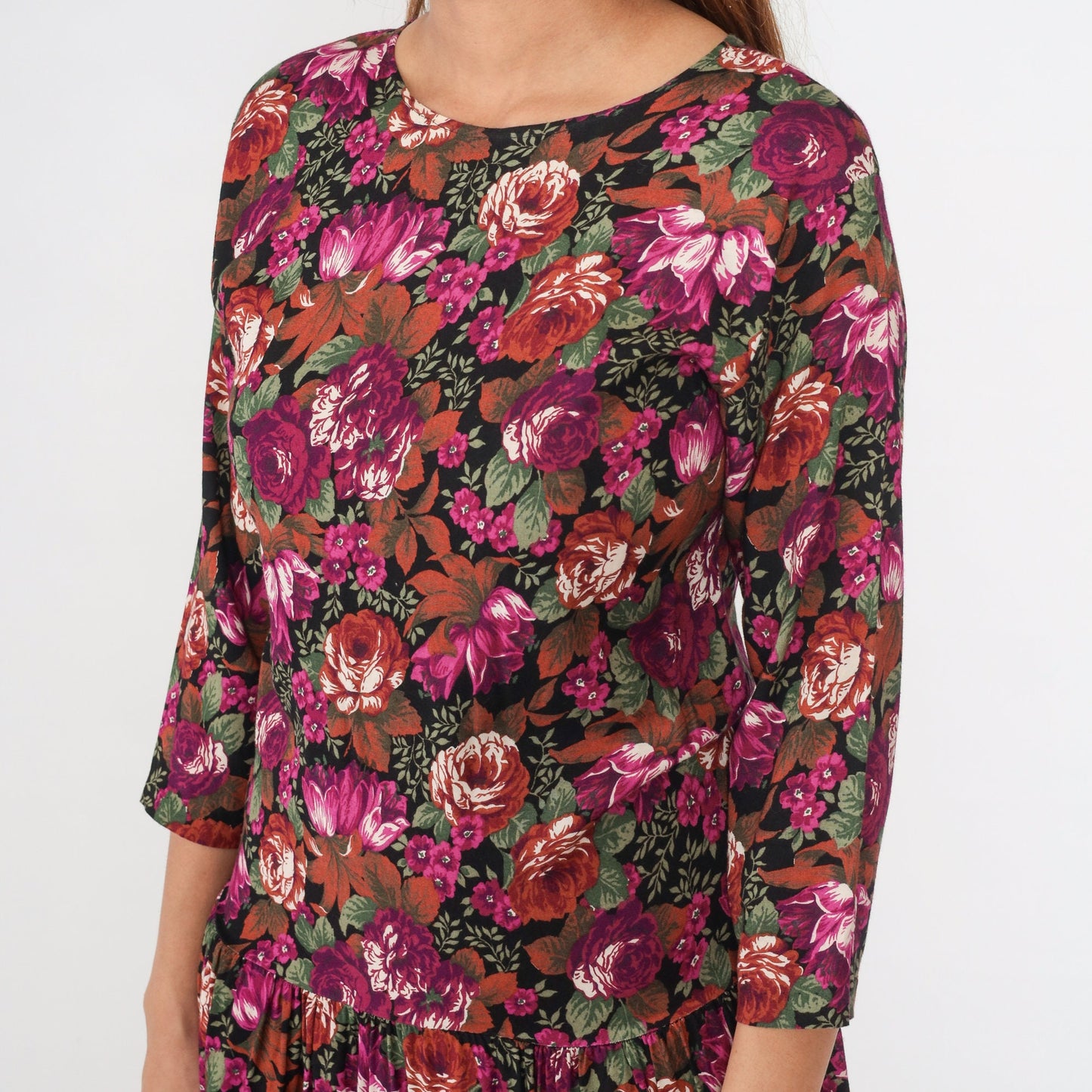 90s Floral Midi Dress Drop Waist Long Sleeve Rayon Fuchsia Multicolor Small
