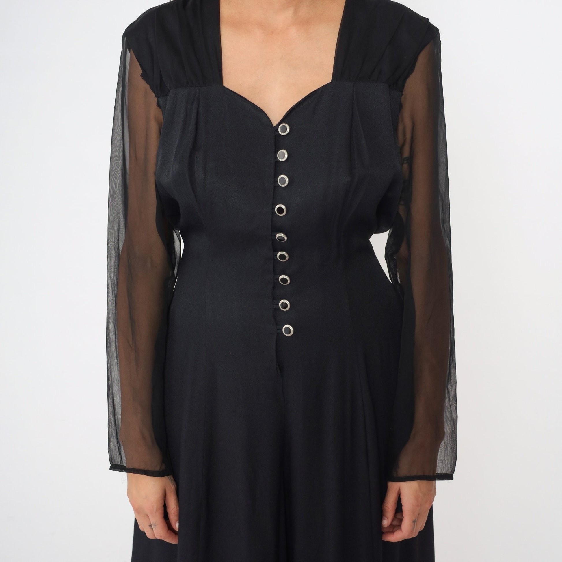 90s Black Wide Leg Jumpsuit Chiffon Sleeve Sweetheart Neckline Large 12