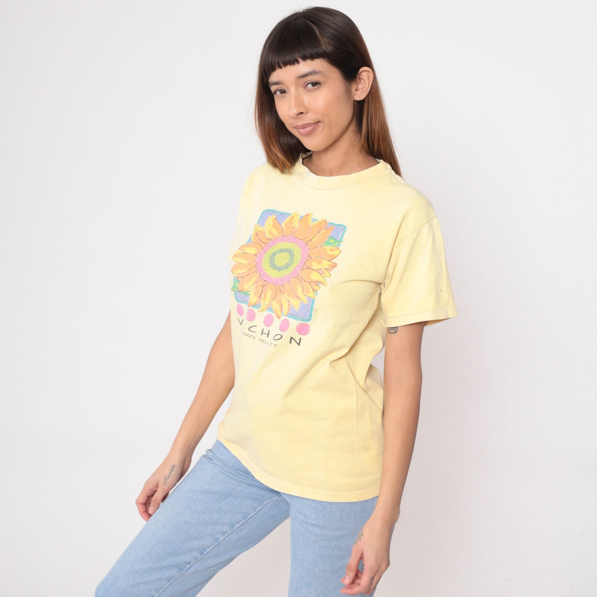 90s Vichon Napa Valley Winery Graphic Tee Yellow Sunflower Cotton Medium