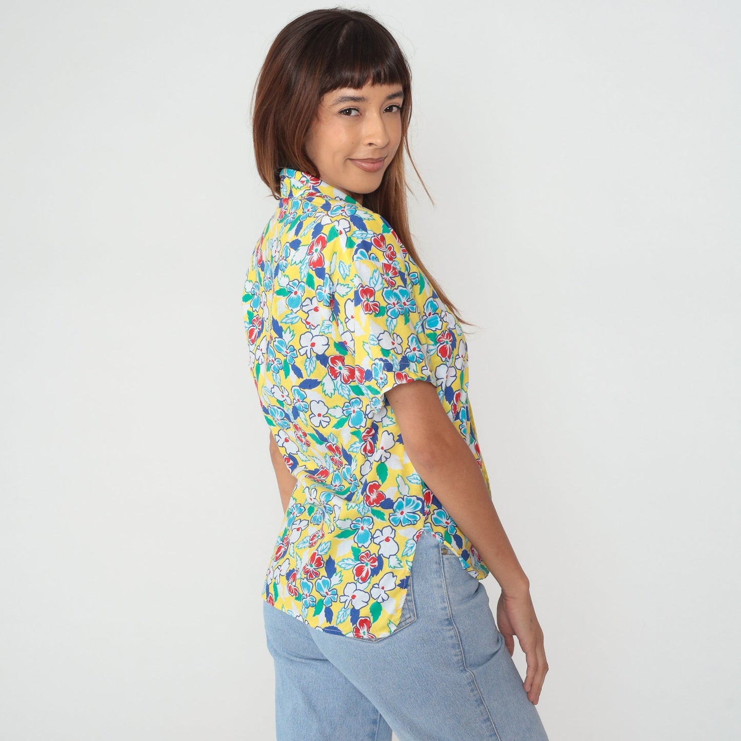 90s Grant Yellow Floral Striped Cotton Button-Up Shirt Large