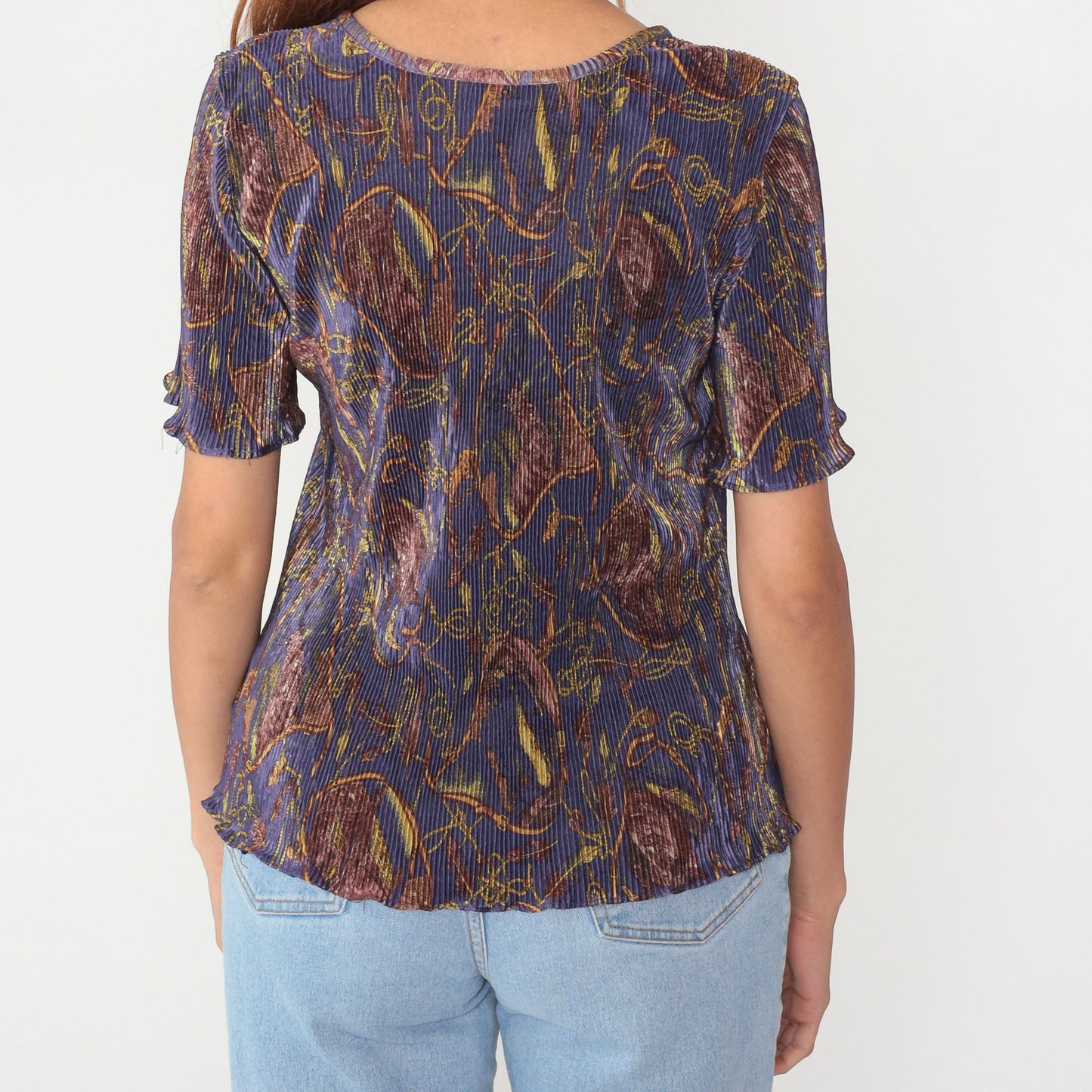 90s Baroque Abstract Print Pleated Blouse Short Sleeve Purple Small Medium