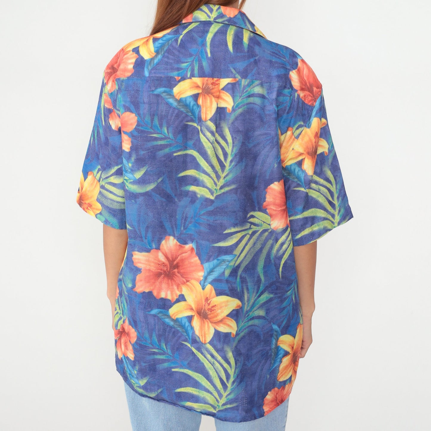 90s Georg Roth Hawaiian Shirt Blue Tropical Floral Button Up Extra Large