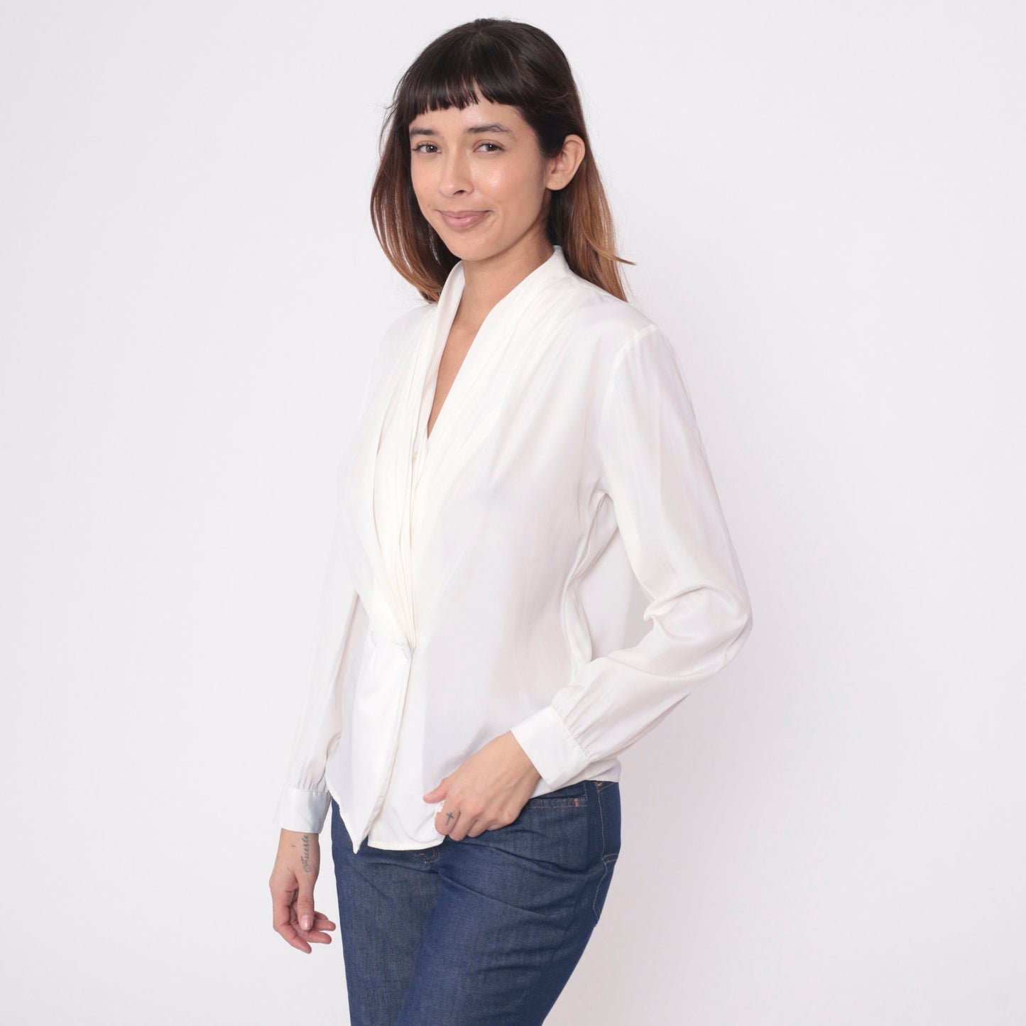 90s White Double Breasted Button Up Blouse V Neck Long Sleeve Small