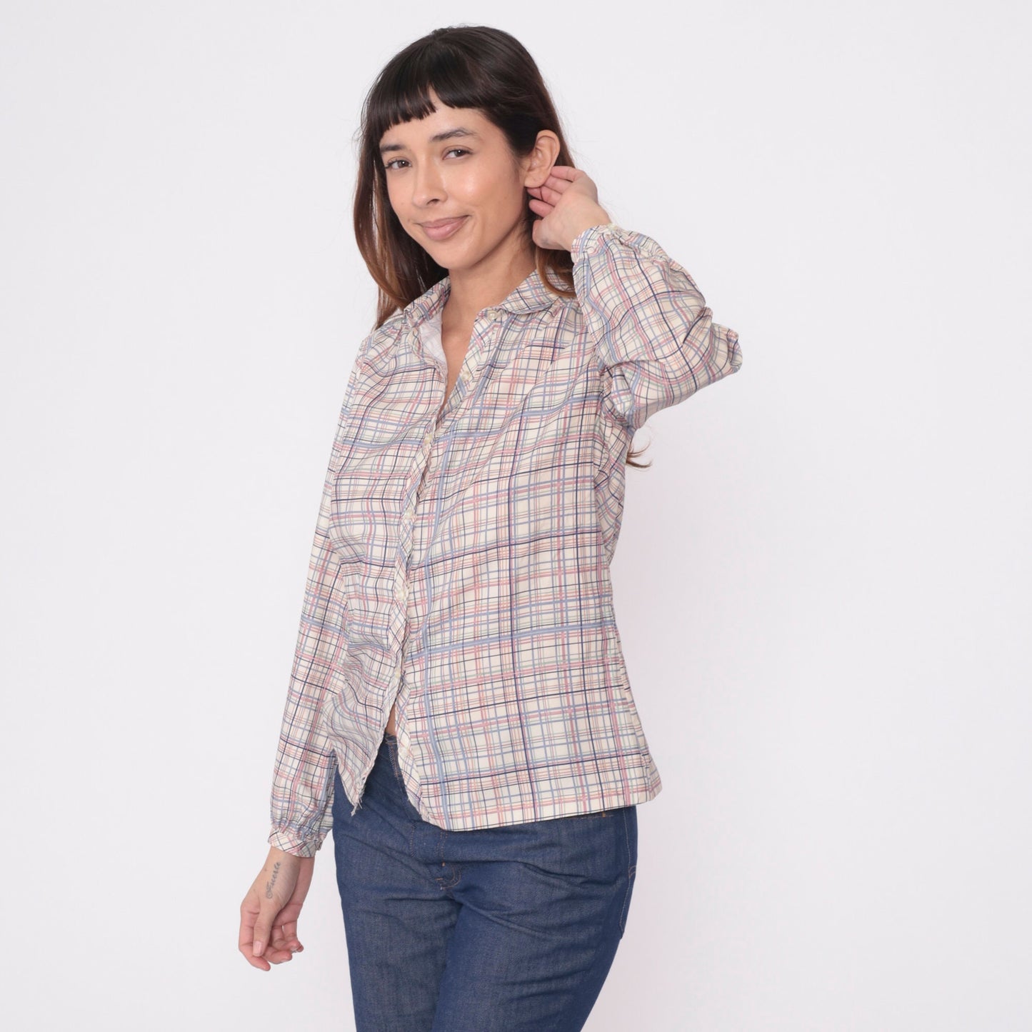 80s Plaid Button-Up Blouse Cream Lavender Pink Checkered Long Sleeve Small