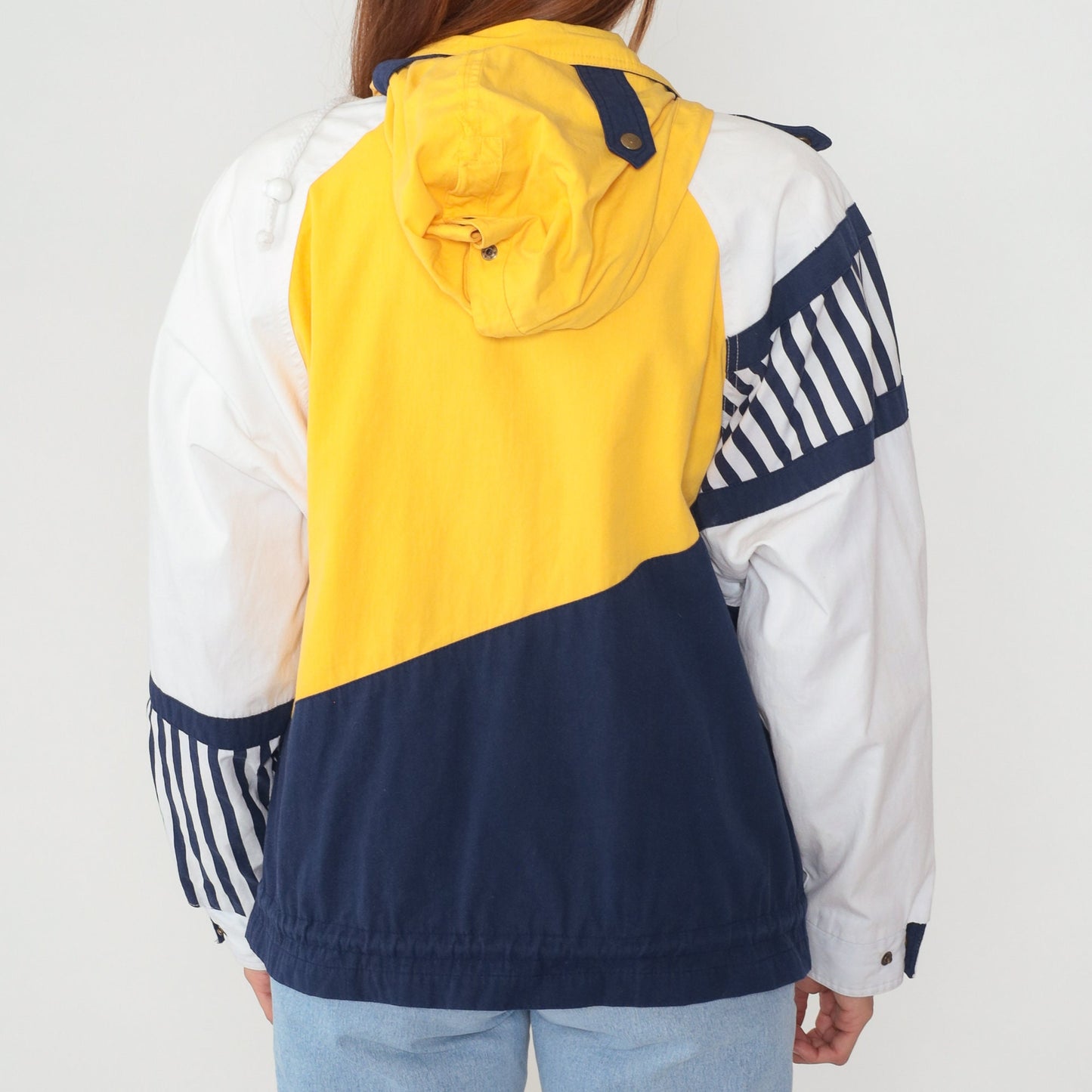 90s Hunt Club Windbreaker Jacket Quarter Zip Hooded Colorblock White Navy Yellow Medium