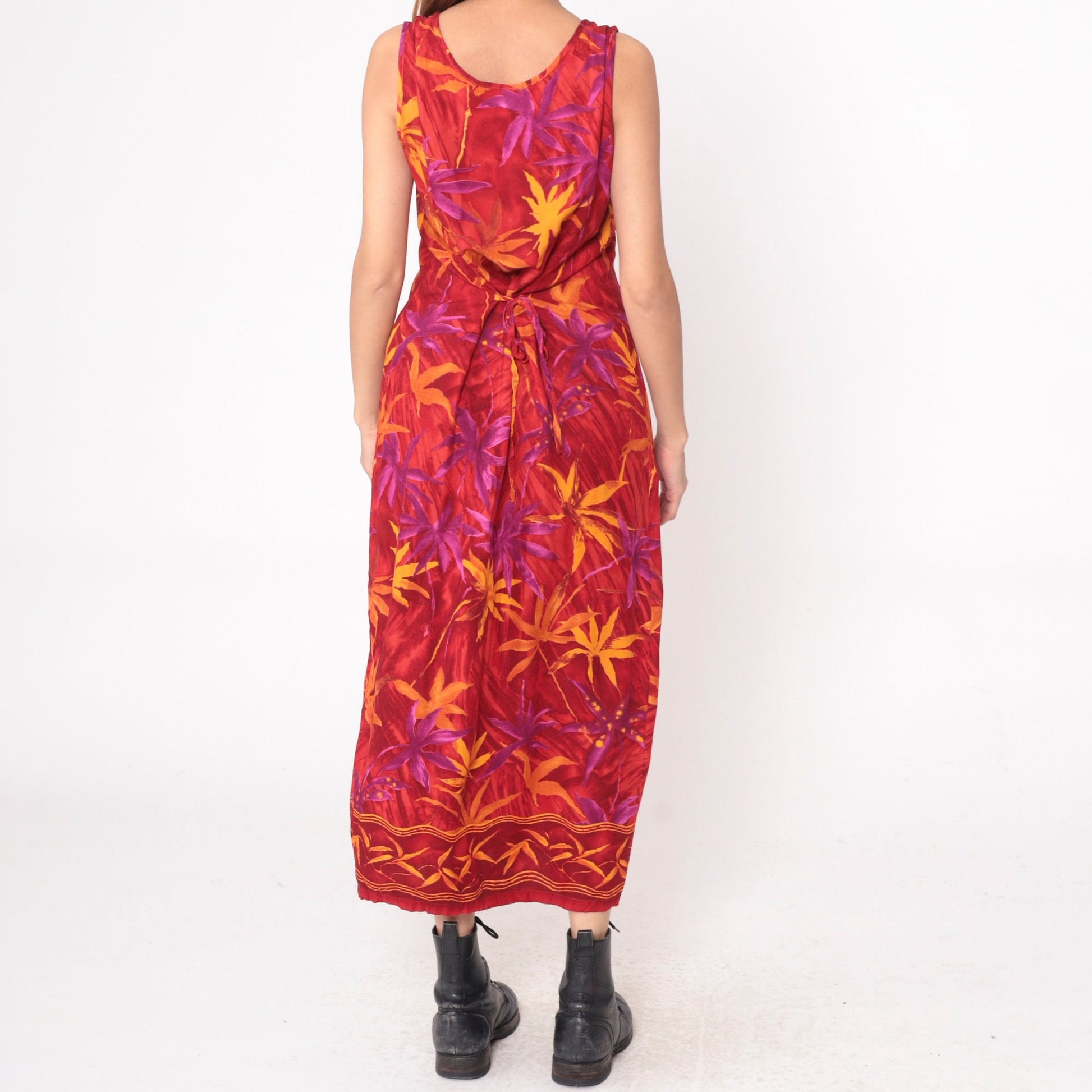90s Red Tropical Leaf Print Maxi Dress Sleeveless Scoop Neck Medium M