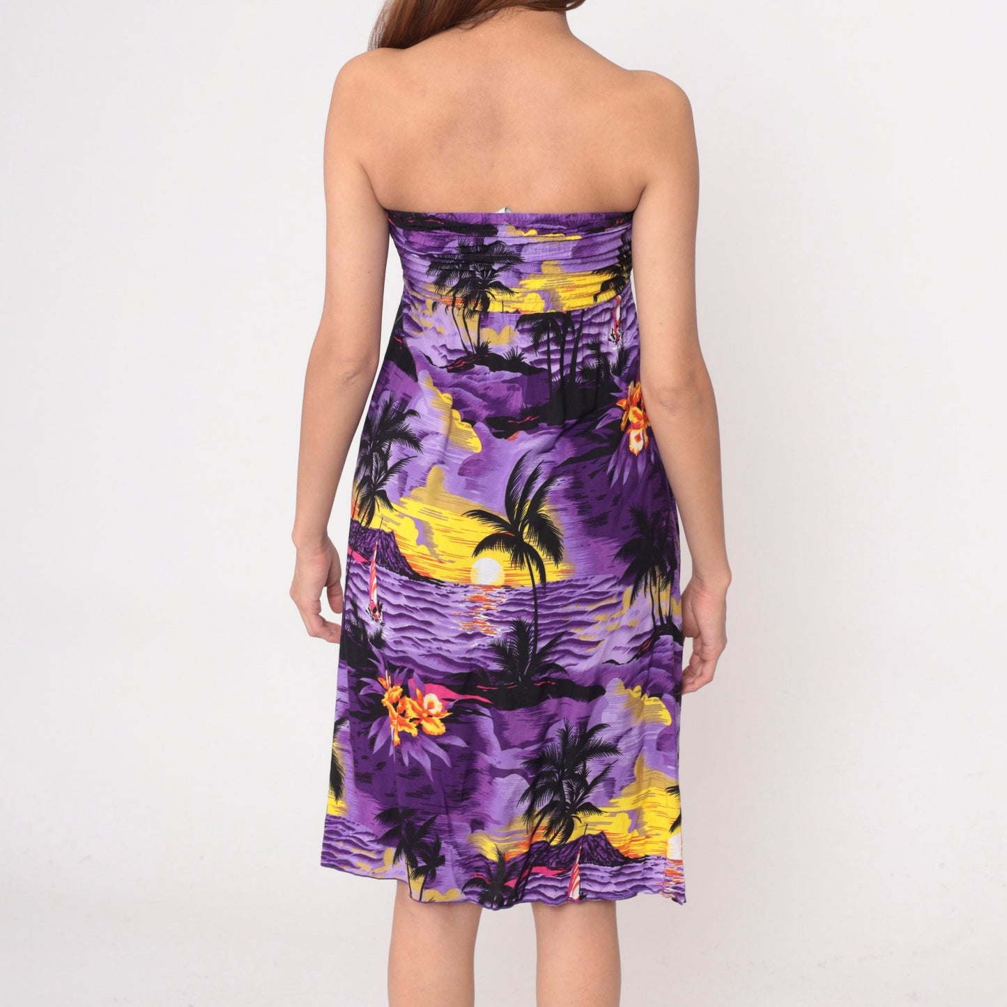00s Purple Strapless Sundress Sailboat Palm Tree Print Empire Waist High Low Extra Small