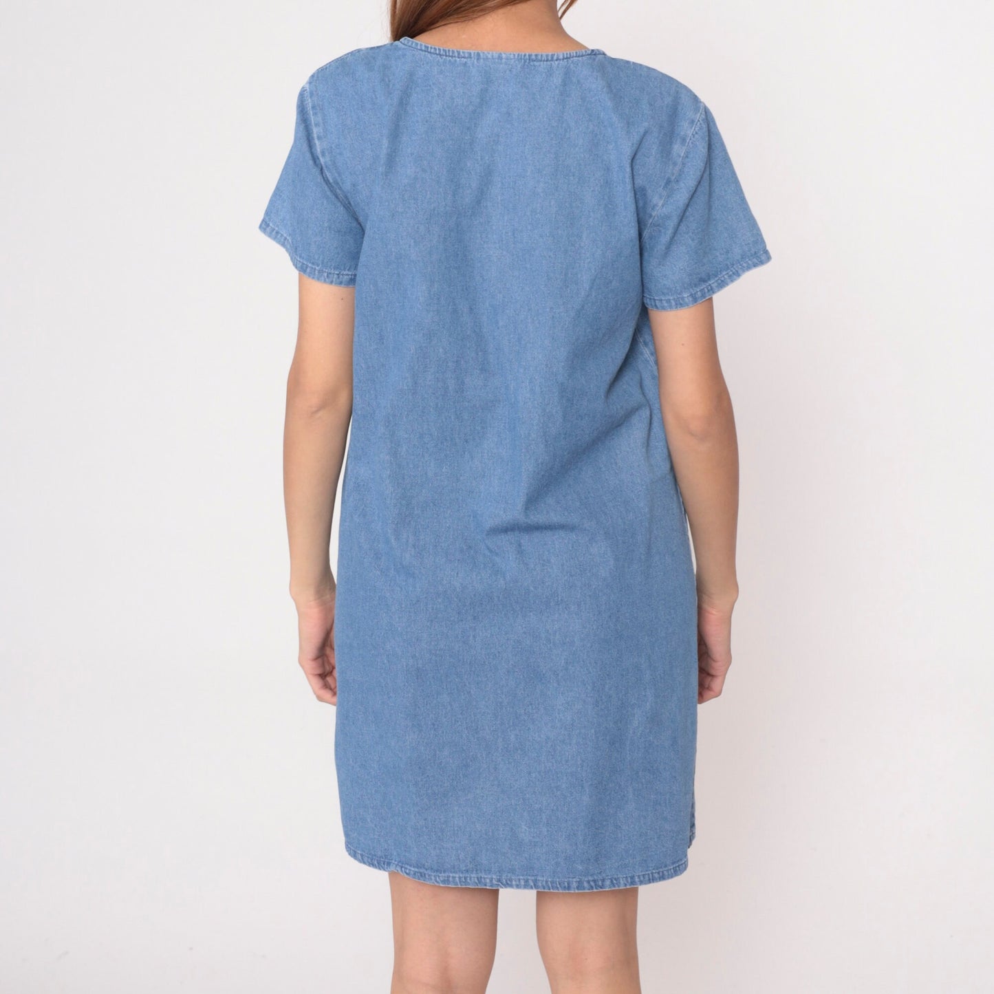 90s Sea Turtle Denim Mini Dress Blue Cotton Shift Short Sleeve Medium