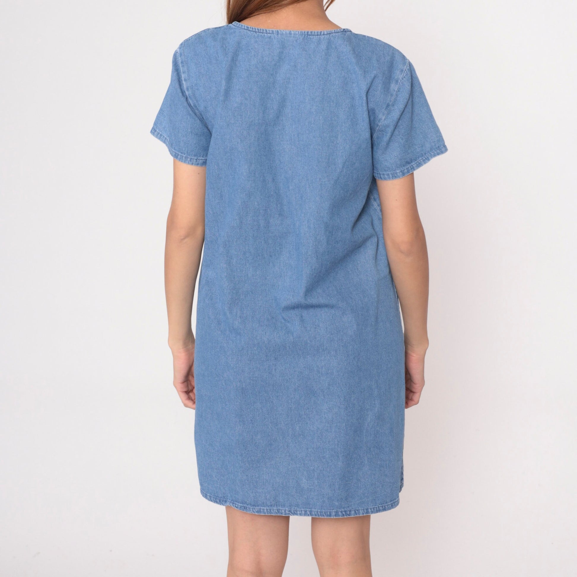 90s Sea Turtle Denim Mini Dress Blue Cotton Shift Short Sleeve Medium