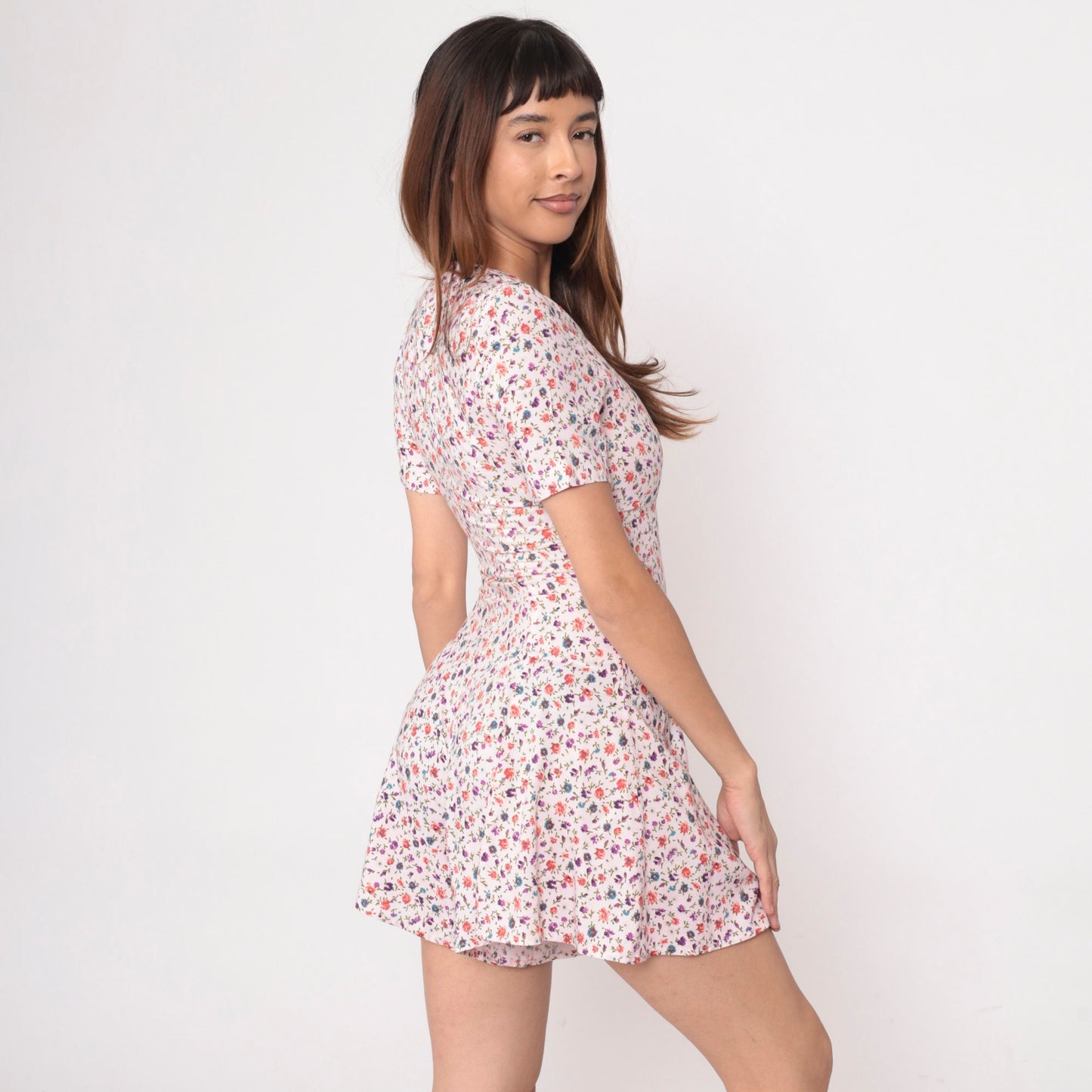 90s Pink Floral Rayon Romper Wide Leg Pearl Button Short Sleeve Extra Small