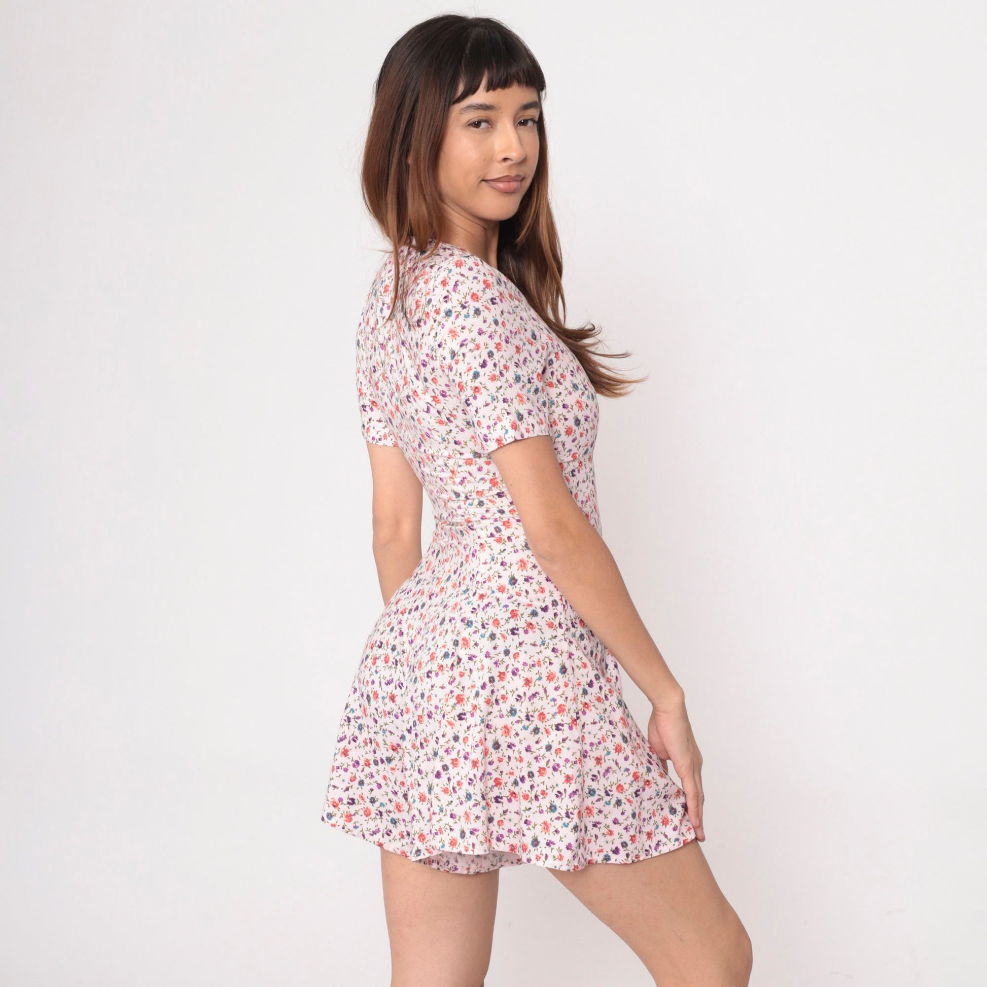 90s Pink Floral Rayon Romper Wide Leg Pearl Button Short Sleeve Extra Small