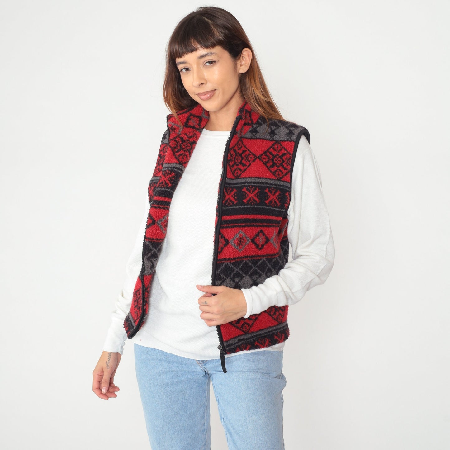 90s Northwest Blue Fleece Vest Red Geometric Striped Zip-Up Medium M