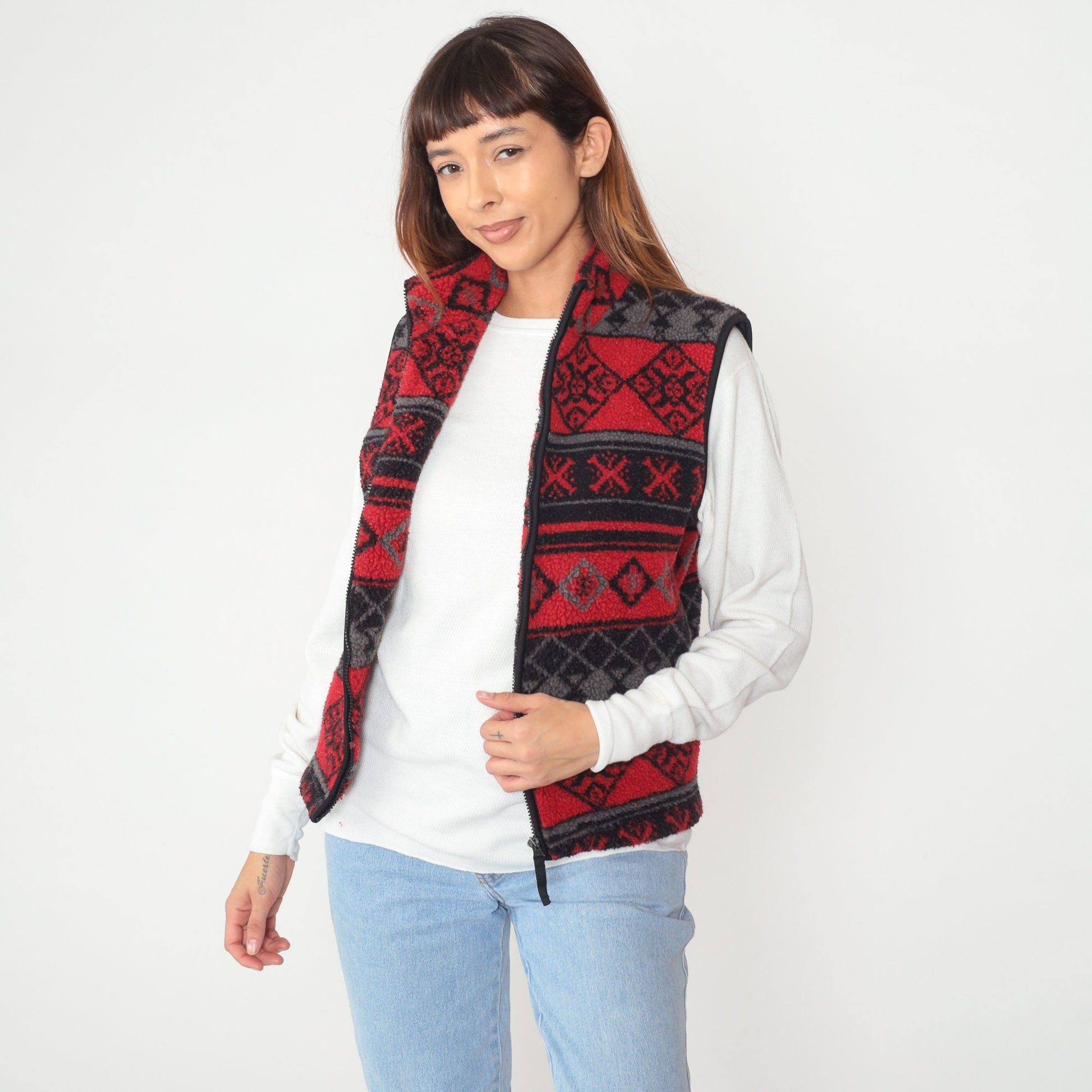 90s Northwest Blue Fleece Vest Red Geometric Striped Zip-Up Medium M