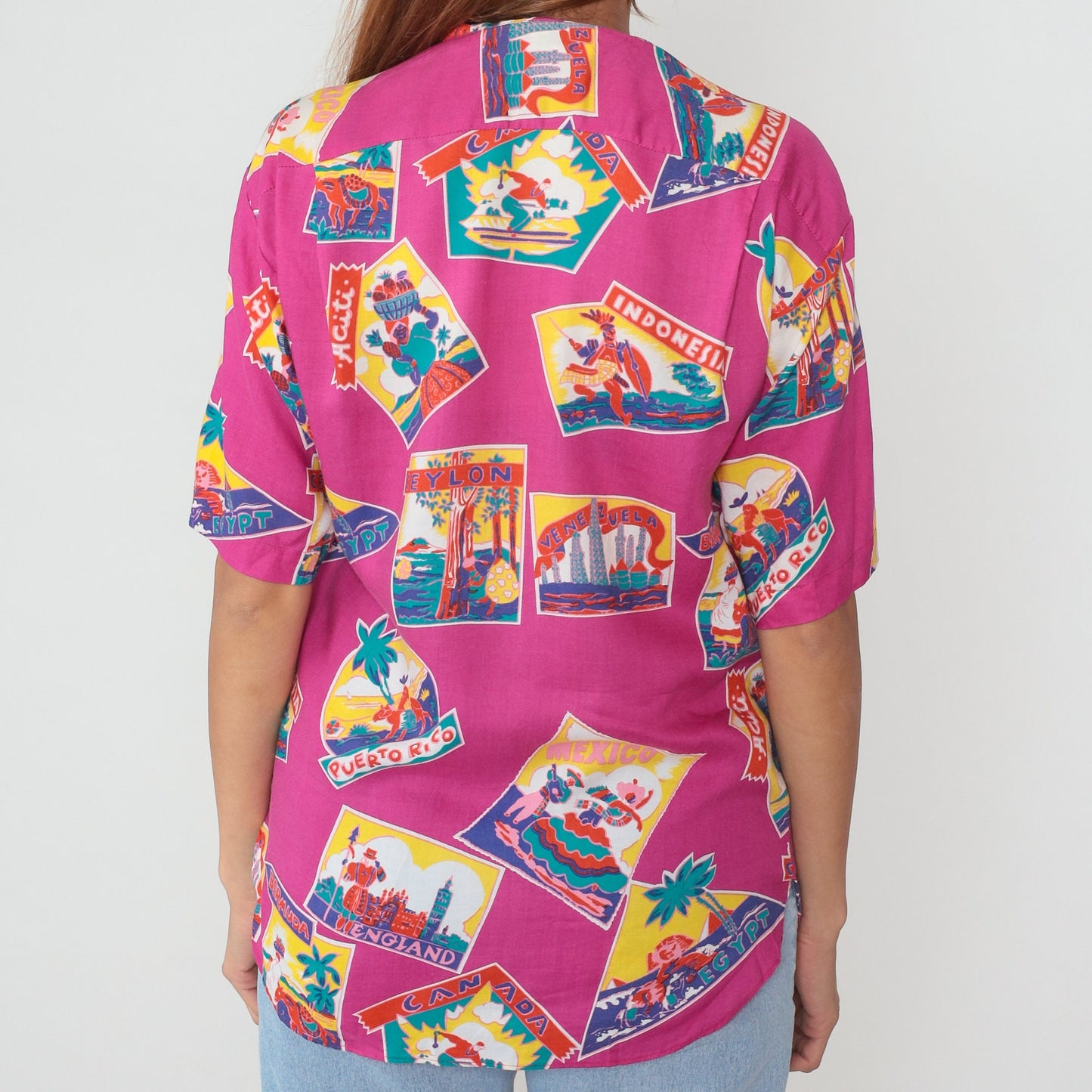 80s Gap Travel Print Button-Up Blouse Pink World Map Short Sleeve Small S