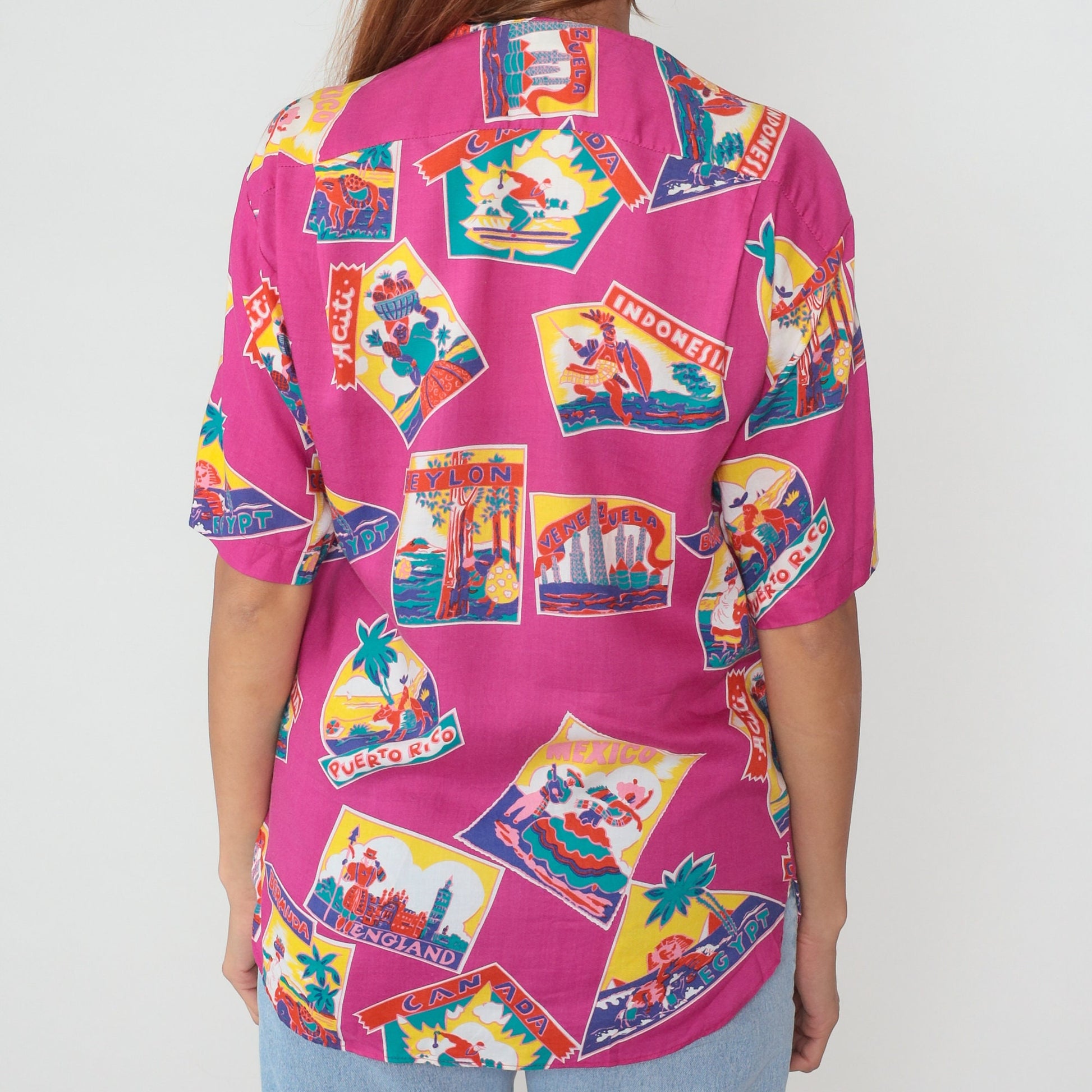 80s Gap Travel Print Button-Up Blouse Pink World Map Short Sleeve Small S