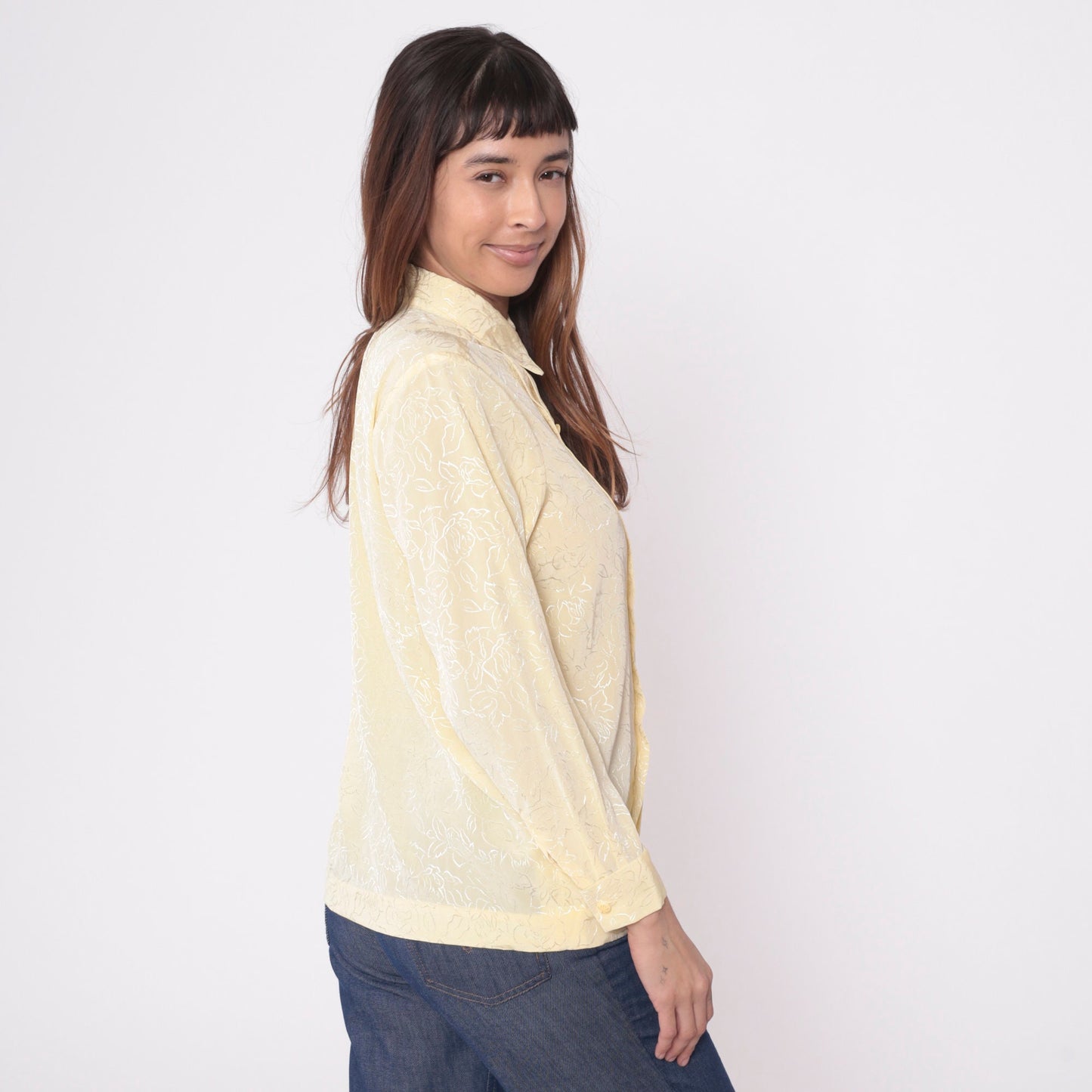 80s Yellow Floral Embossed Button-Up Blouse Long Sleeve Pleated Shirt Medium