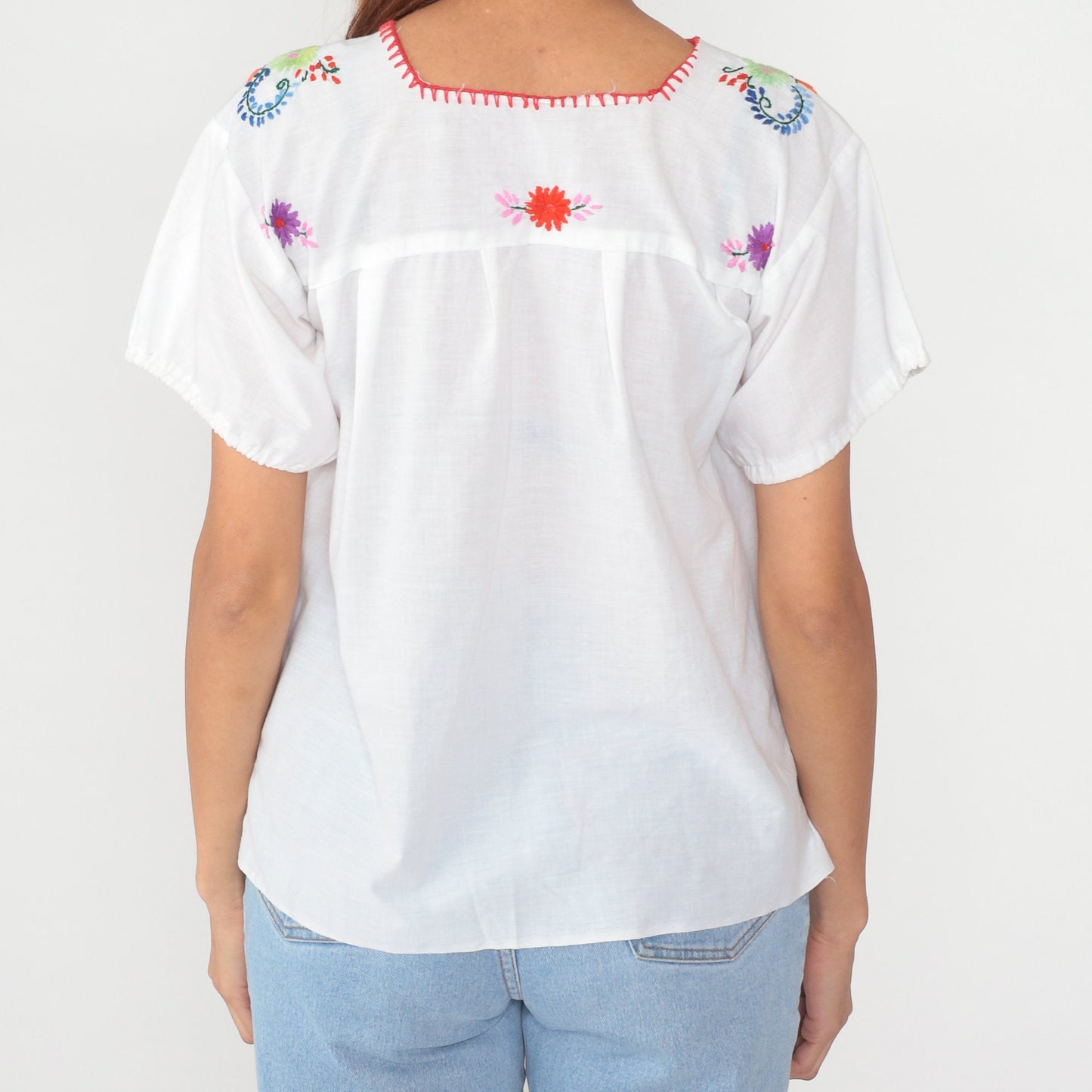 90s Mexican Embroidered White Floral Blouse Short Sleeve Small
