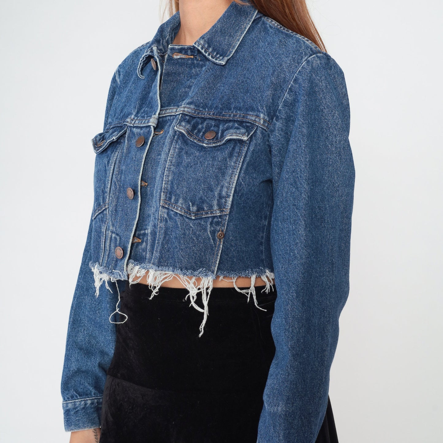 90s Rustler Cropped Denim Jacket Blue Raw Hem Small