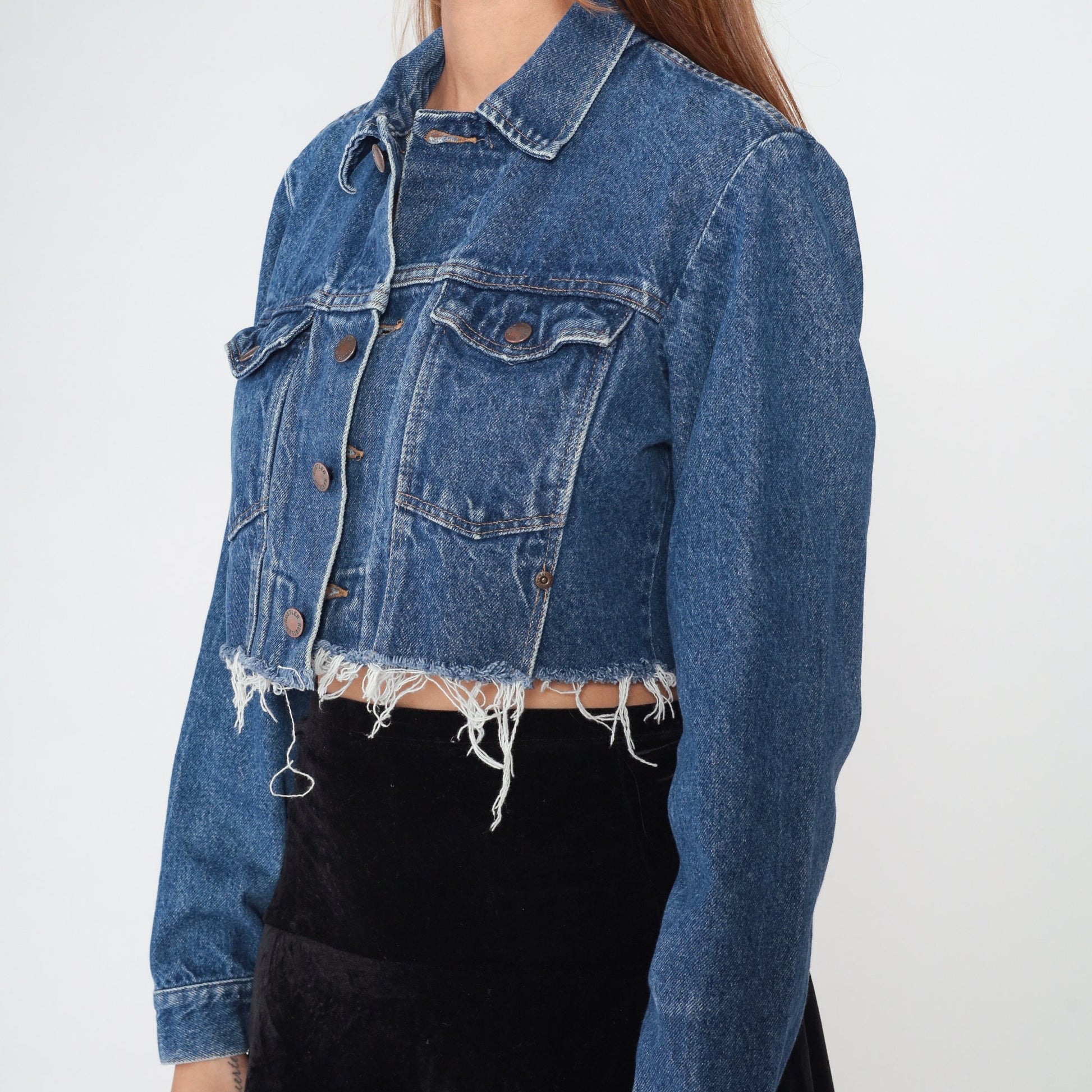 90s Rustler Cropped Denim Jacket Blue Raw Hem Small
